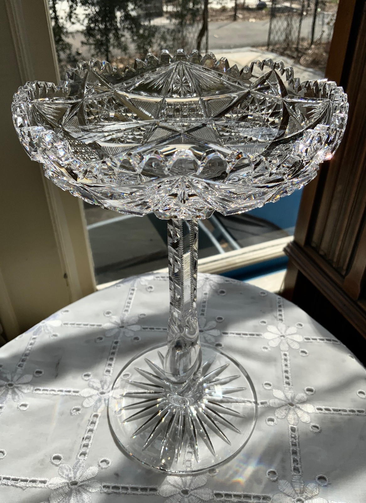 AMERICAN BRILLIANT CUT GLASS 10″ TWIST STEM COMPOTE / ATTRIB: LIBBEY C.1900-1910
