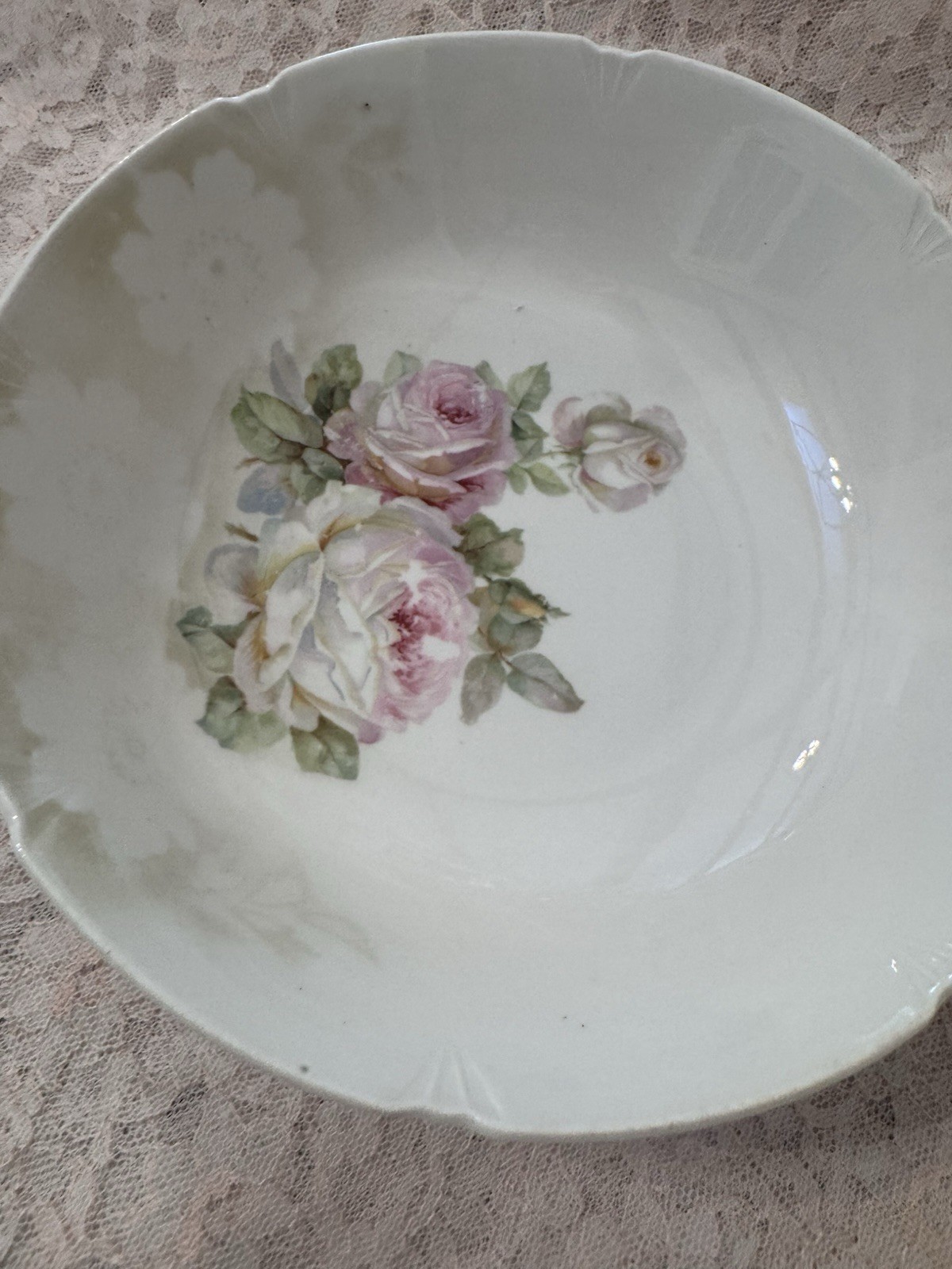 Haviland Porcelain Bowl White Pink Green Floral Rose Pattern Round Glossy