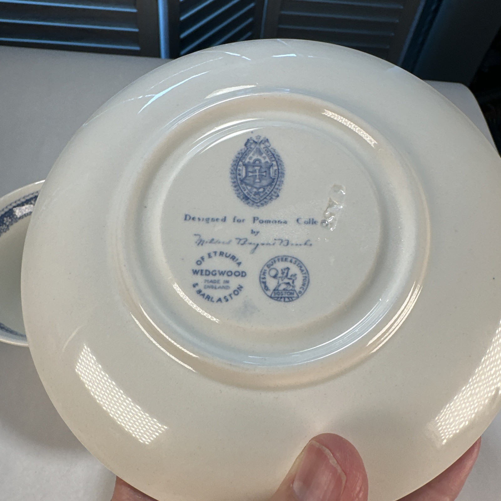 Vintage Wedgwood Pomona College Footed Cup & Saucer Blue White England