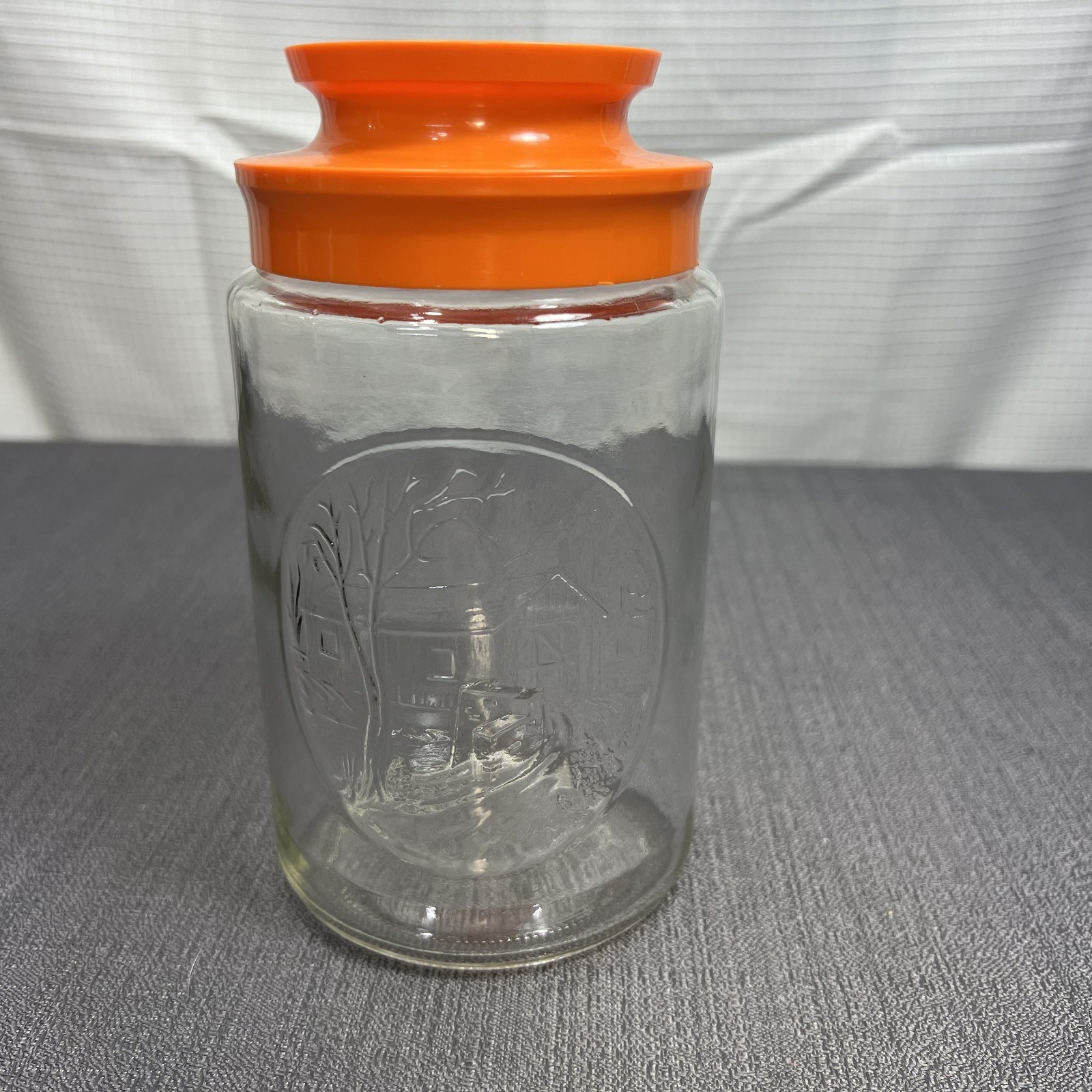 Vintage 1970’s Anchor Hocking Glass TANG Covered Bridge Jar Orange Lid