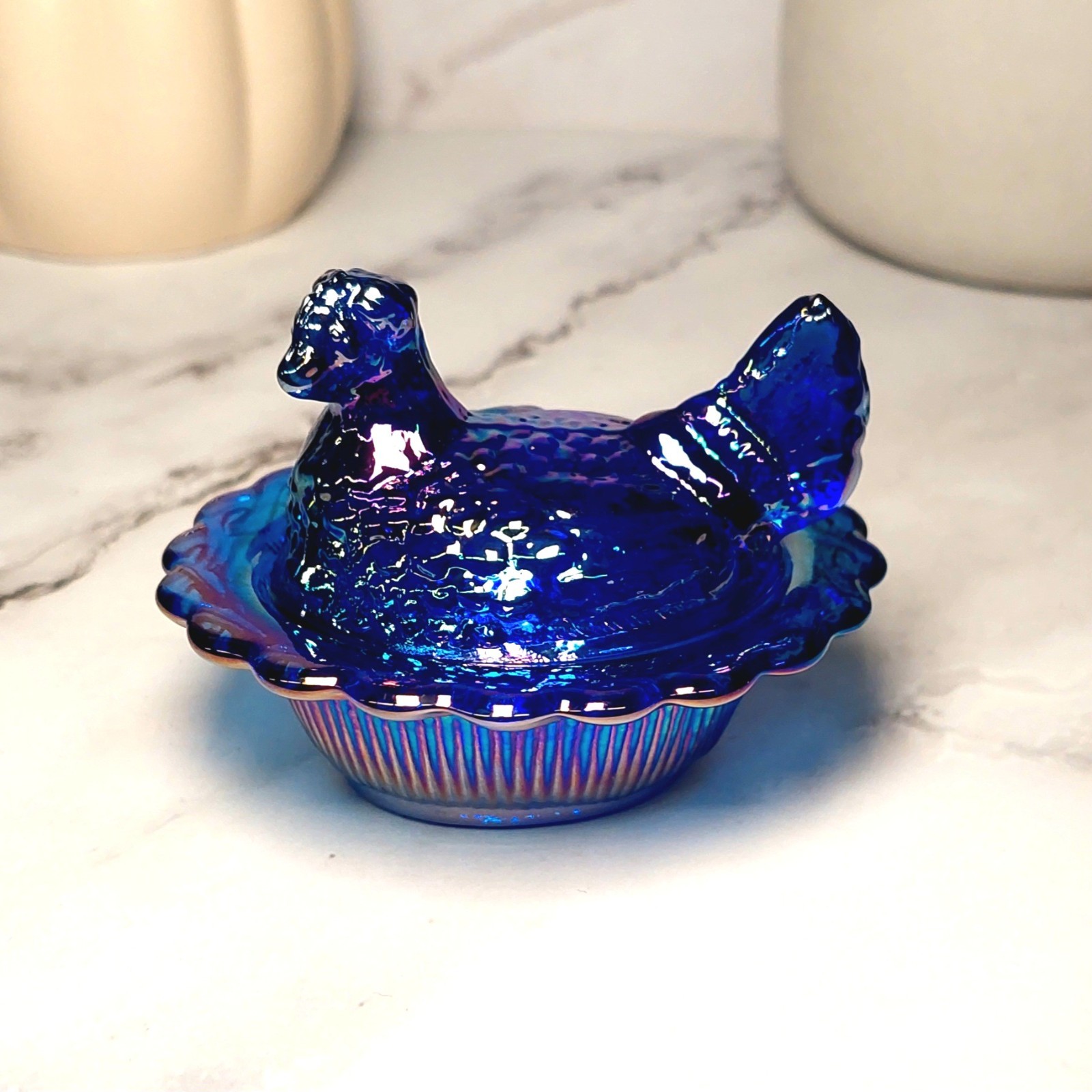 Mosser Cobalt Blue Carnival Glass Hen on Nest Salt Dish, Mini Chicken, VTG Style