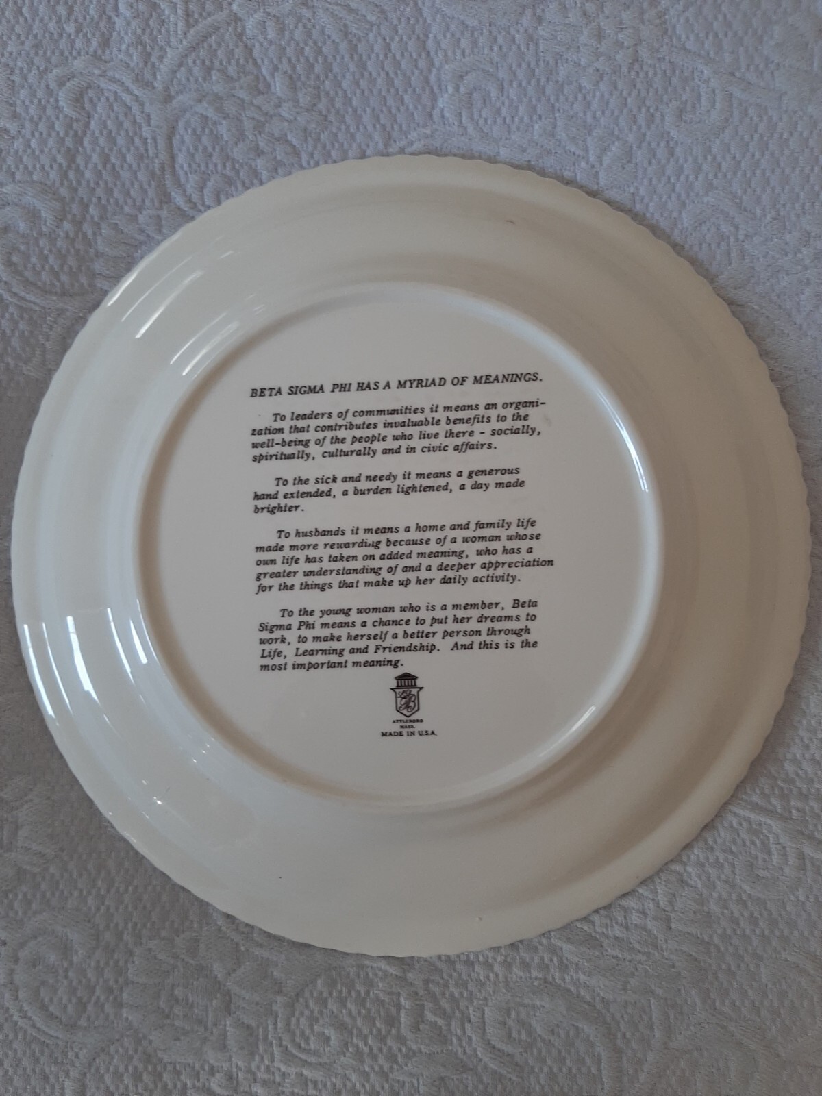 BETA SIGMA PHI Sorority Keepsake White Floral Porcelain Plate 10” Diameter