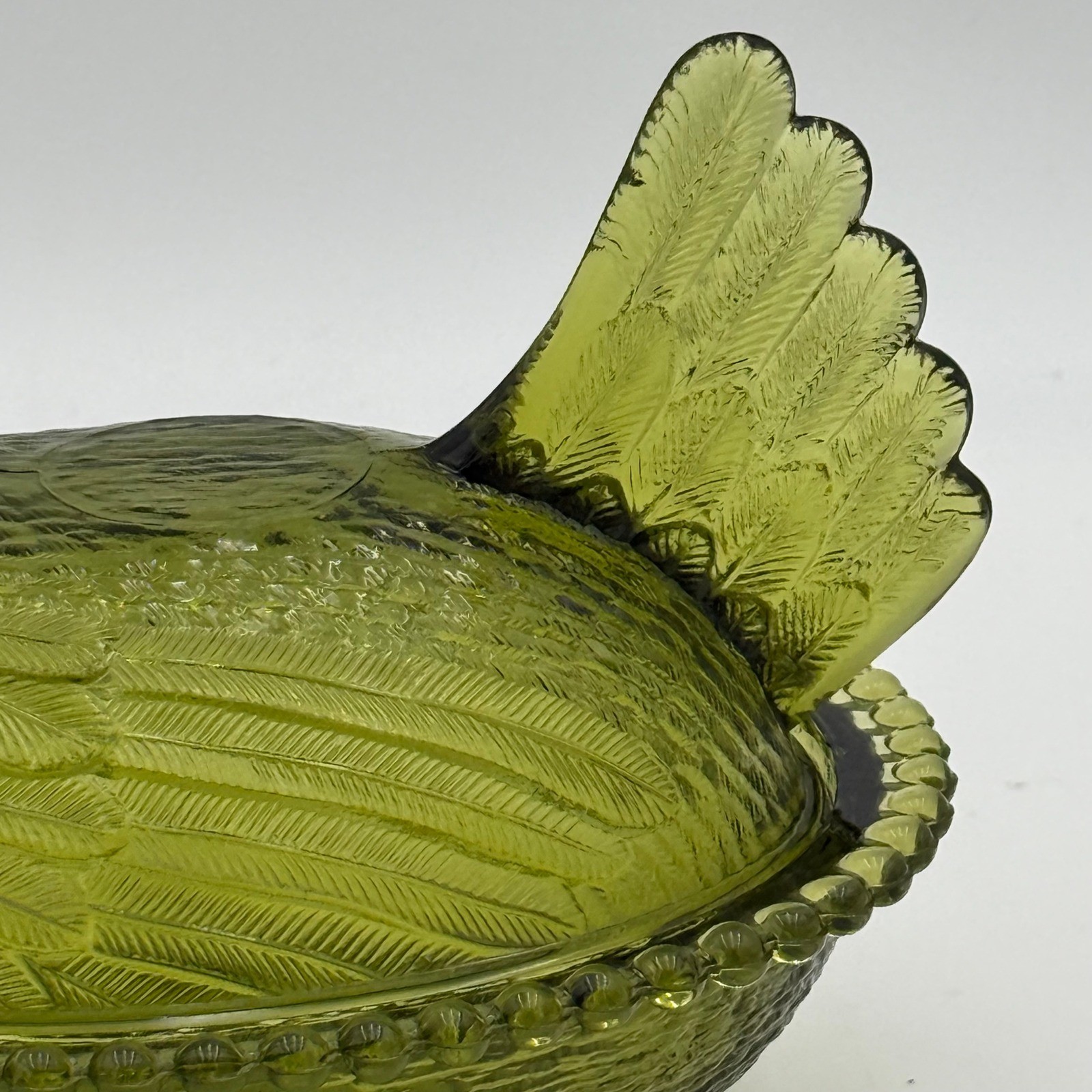 Vintage Olive Green Glass Hen on Nest Covered Candy Dish Farmhouse Decor 5.5in