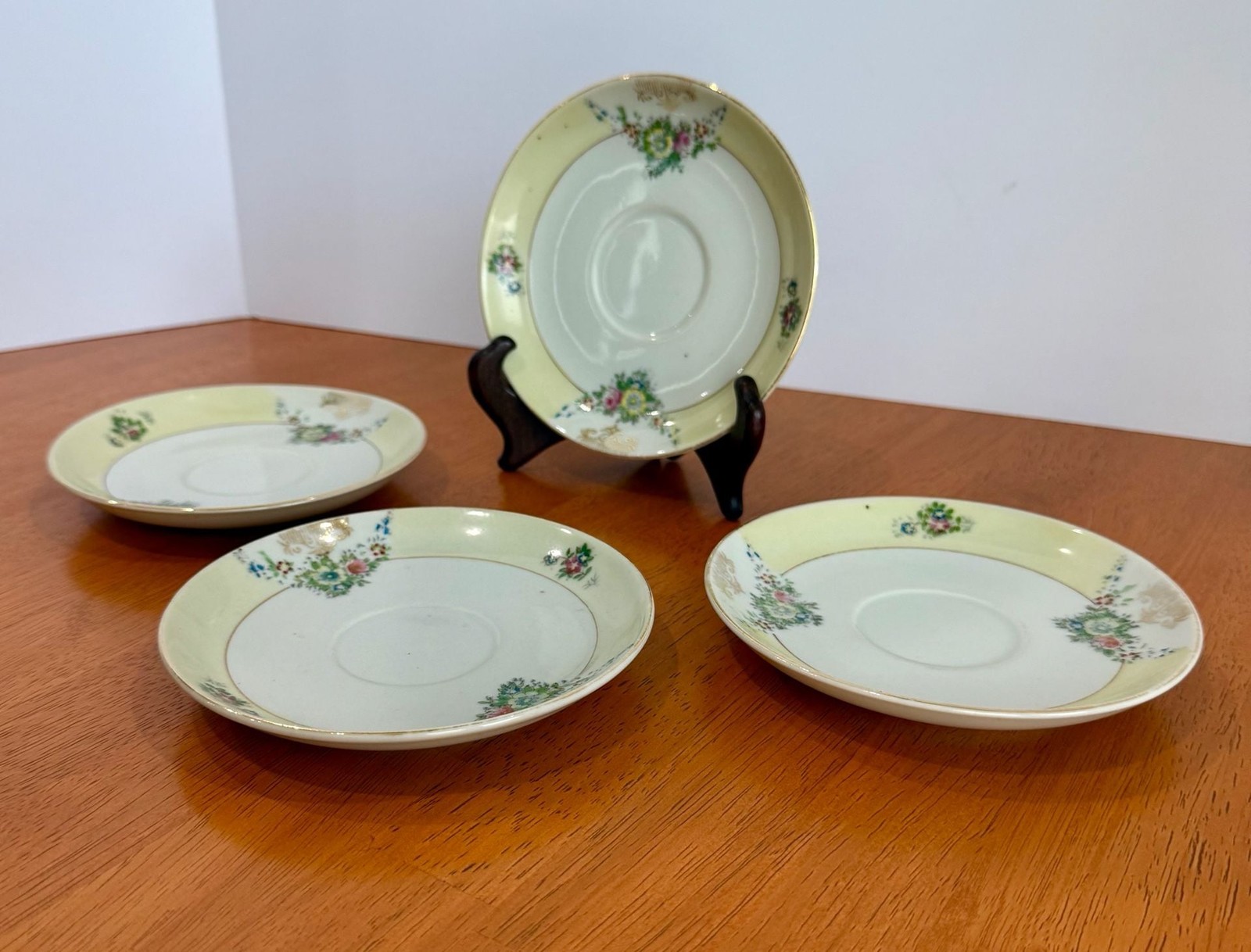 Set of 4 Vintage Hand Painted Floral Porcelain Saucers Made in Occupied Japan