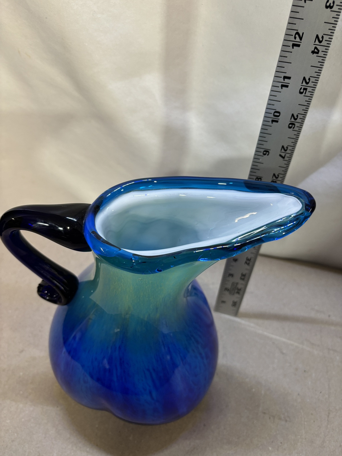 Hand Blown Murano 3 Sided Cased Cobalt Blue to Yellow Glass Pitcher