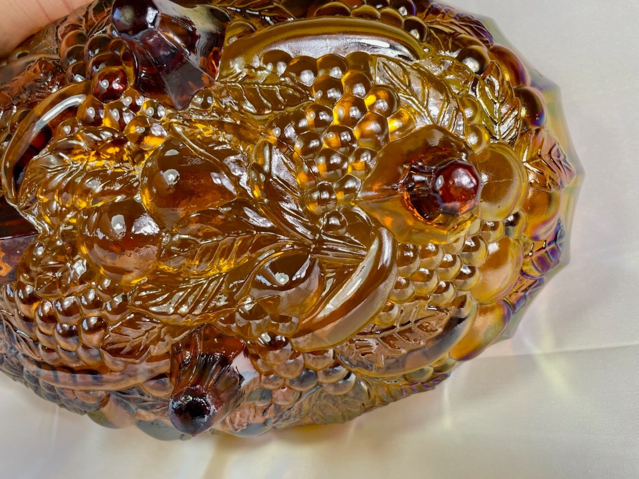 Vintage Carnival Glass Amber Iridescent Fruit Bowl 12” LG Footed Oval Indiana