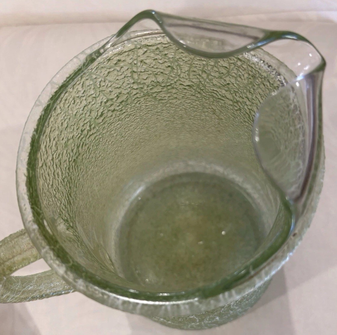 Green “Spaghetti “Glass Pitcher 1950S Spiral Art Pattern 9 In, 64 Oz. ￼