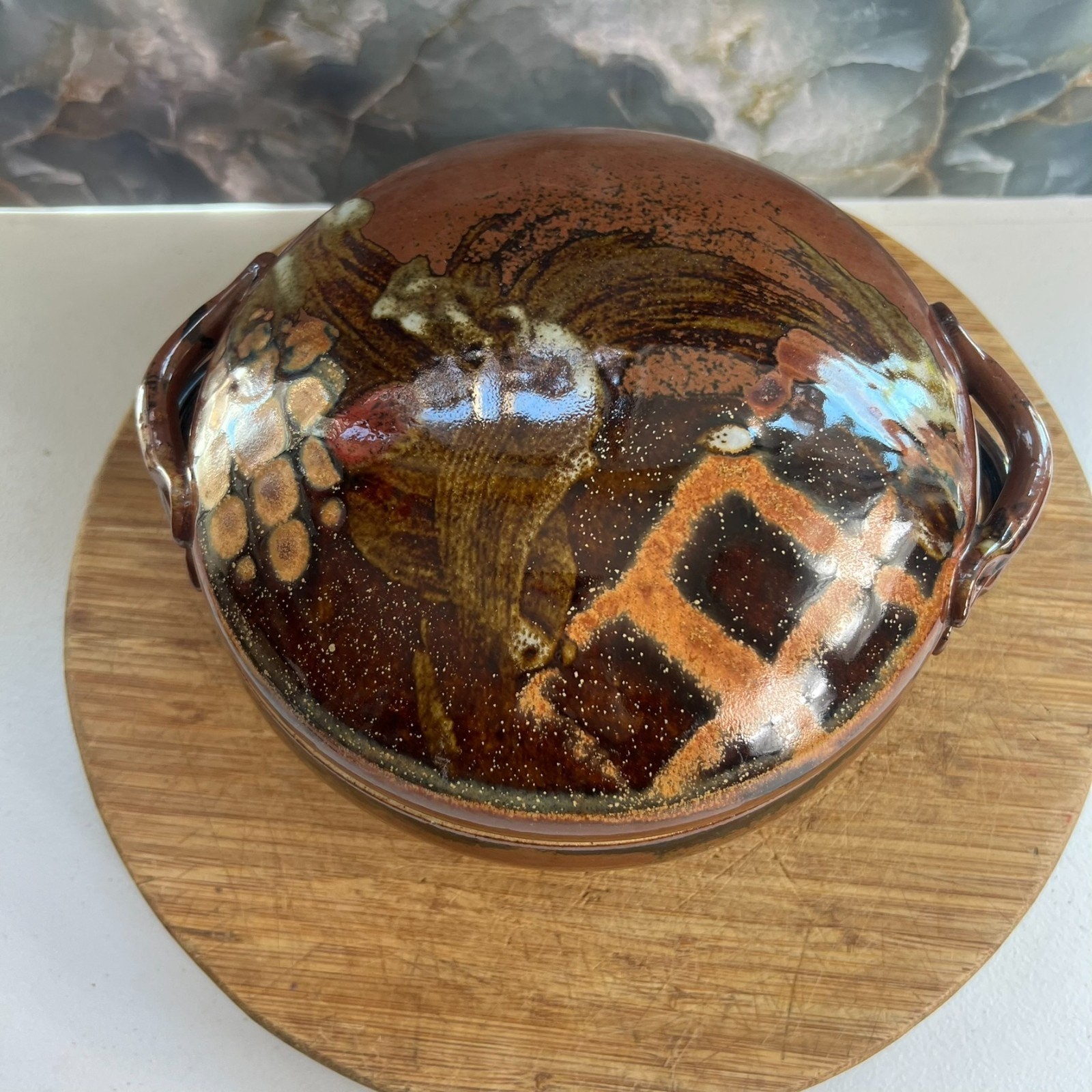 Art Studio Pottery Casserole With Handles & Lid 8″ Stoneware Brown Glazed 80s