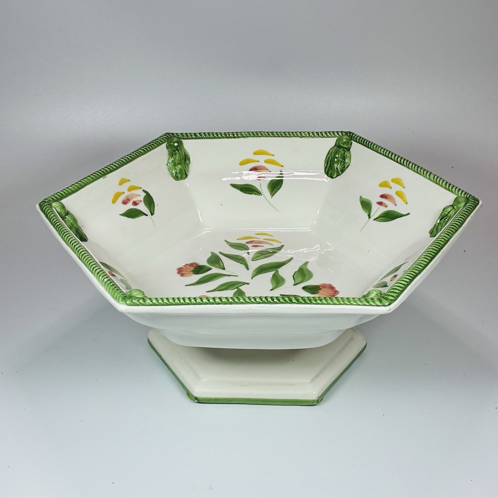 Vintage Italian 10” Pedestal Compote By Nora Fenton Floral Ceramic Hexagon