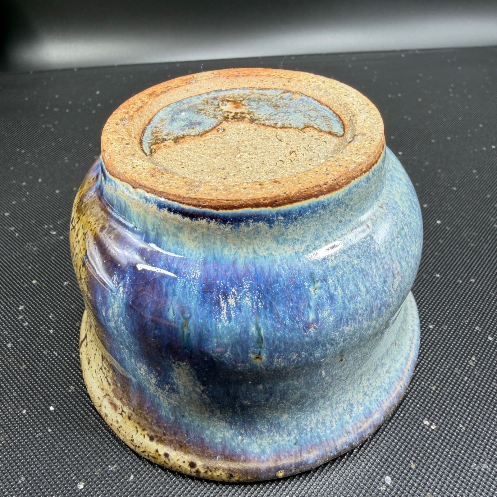 Signed Studio Art Pottery Blue Purple Drip Glaze Stoneware Bowl Handcrafted 4in