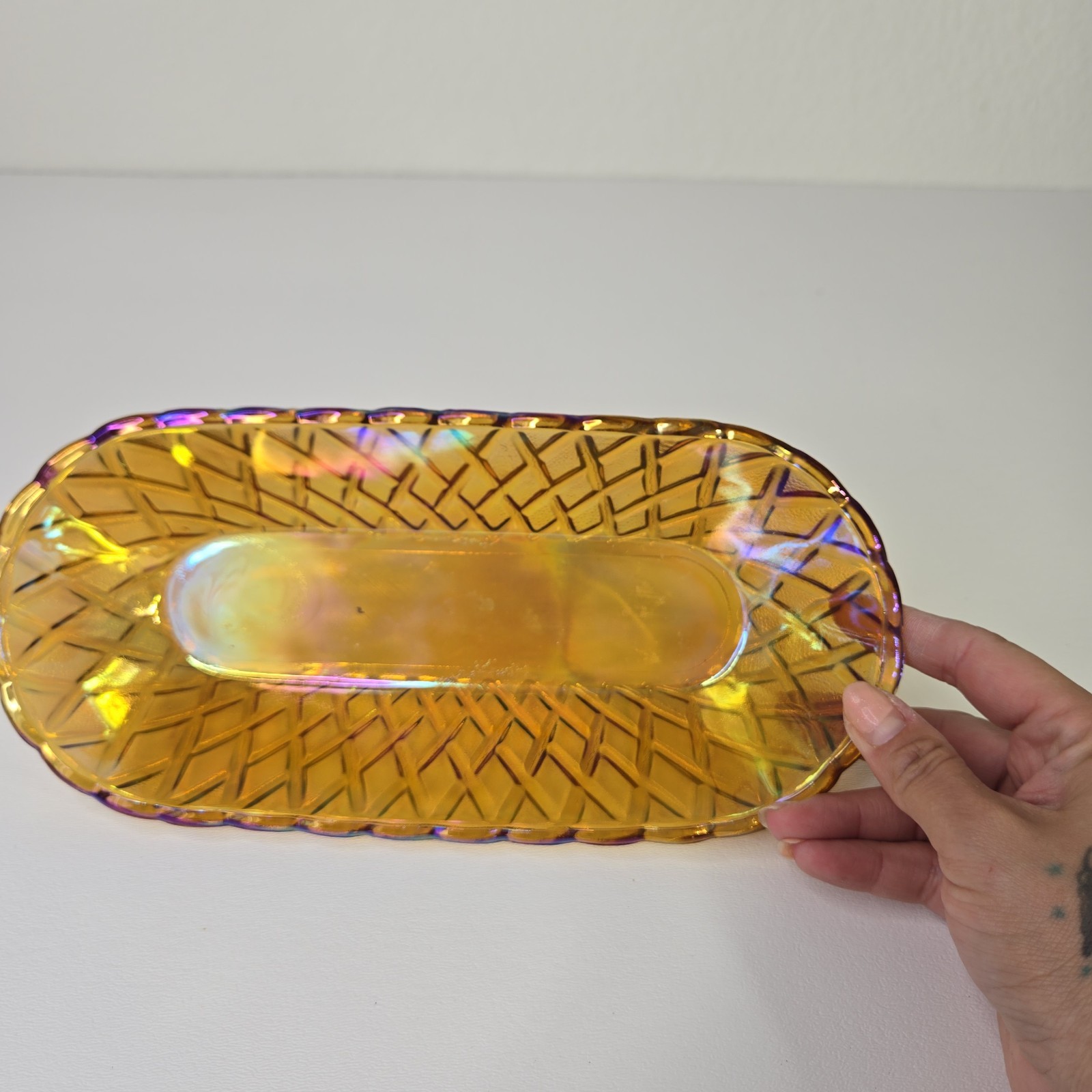 Vintage INDIANA Glass Amber Marigold Oblong Basket Weave Pattern Relish Dish