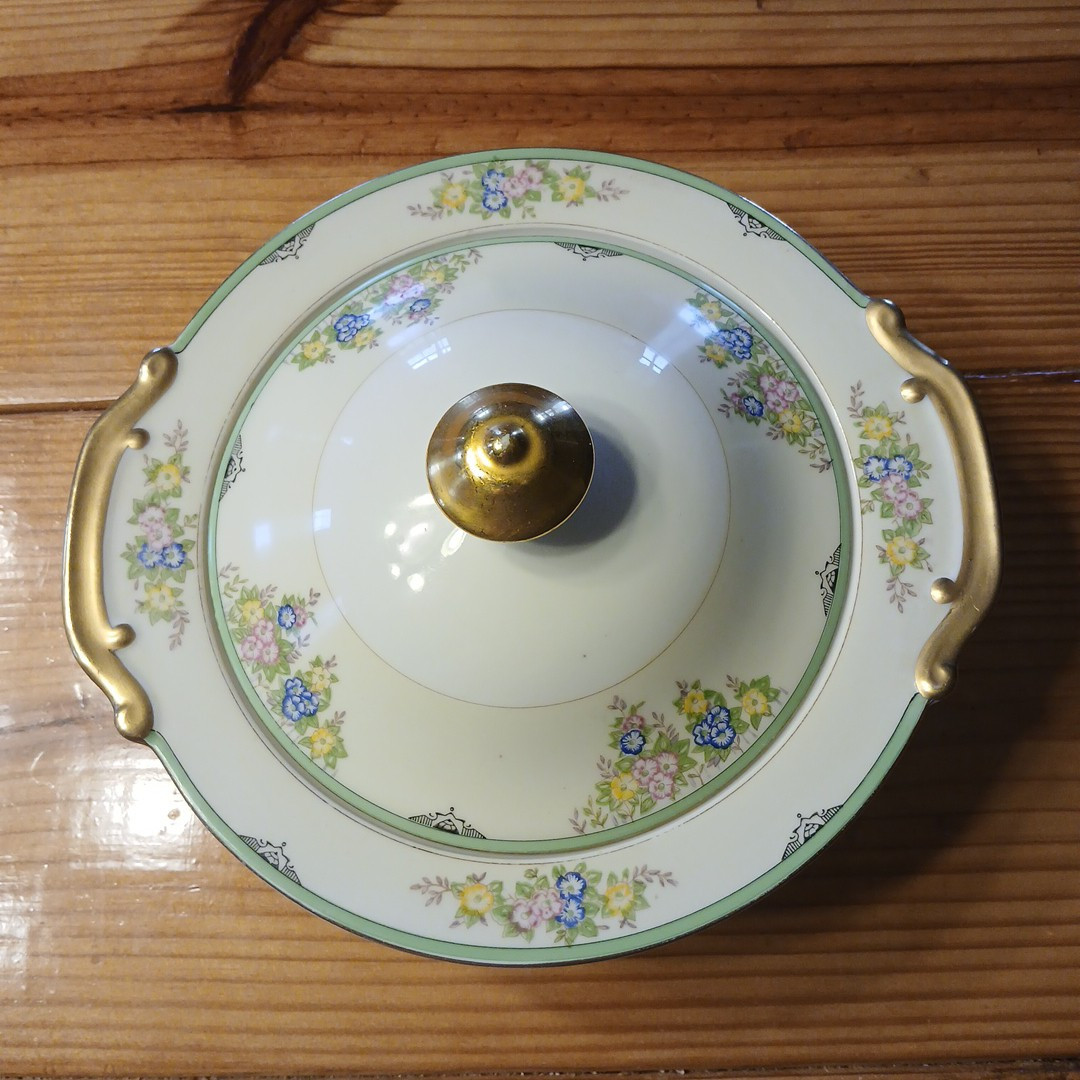 Vintage Covered Dish Made In Japan Mint Green Pink Blue Flowers No Chips Or Cra