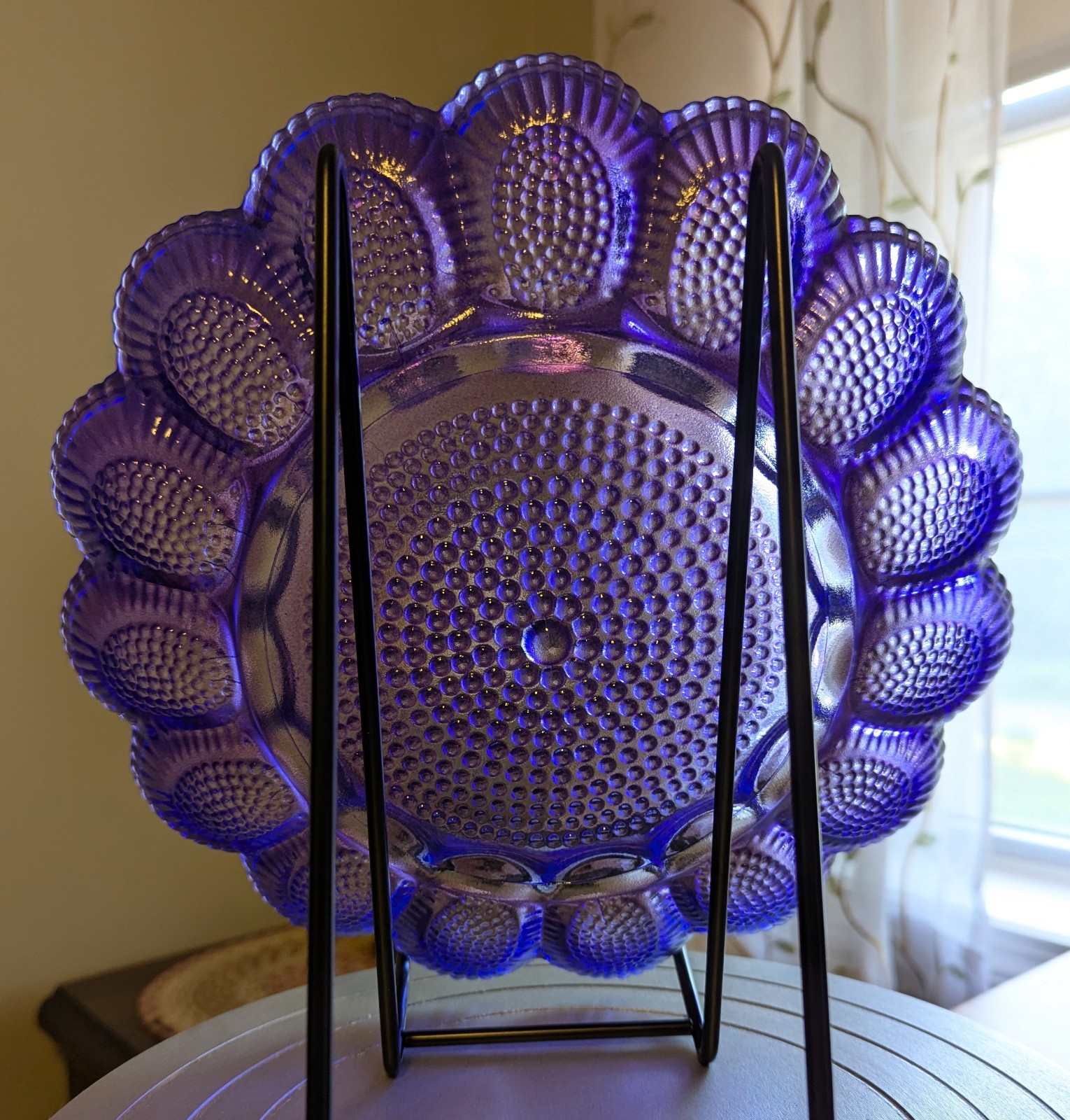 OOAK Artist-Designed Royal Amethyst Glow Vintage Indiana Glass Hobnail Egg Plate