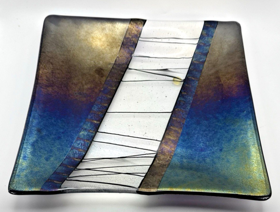 Chris Paulson Art Glass Square Tray Plate Signed Dichroic Fused Iridescent 9.25″
