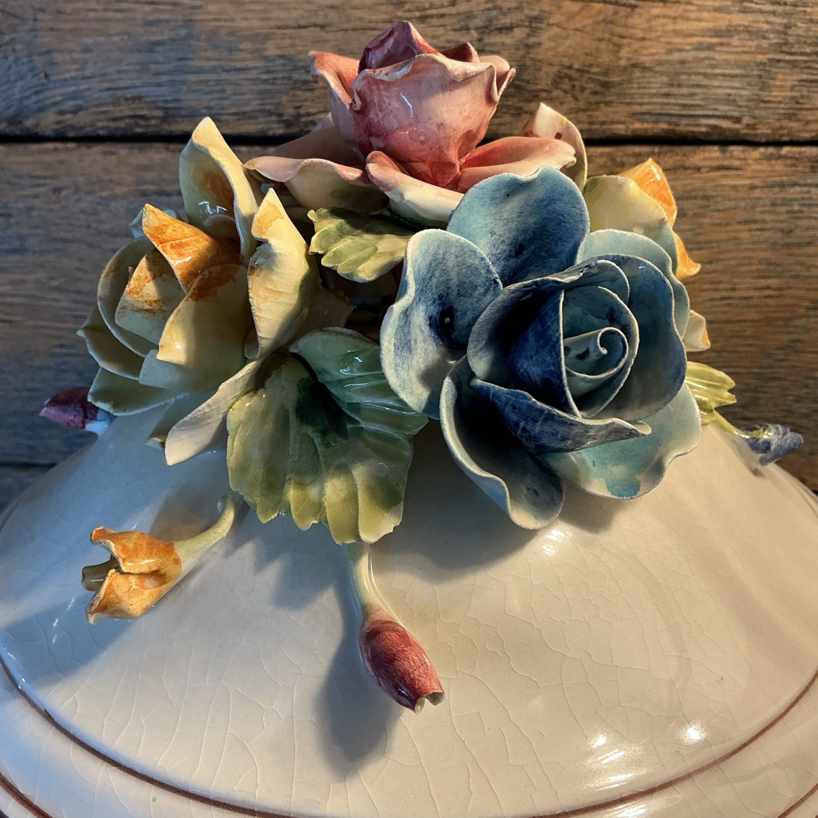 Vintage Italian Ceramic Centerpiece Bowl Capodimonte Style Floral 12” Crown N