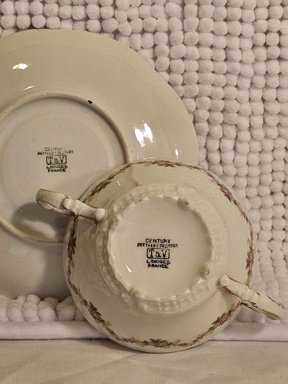Bouillon cups w/ saucers, set of three, vintage, Haviland, T & V, CF Haviland