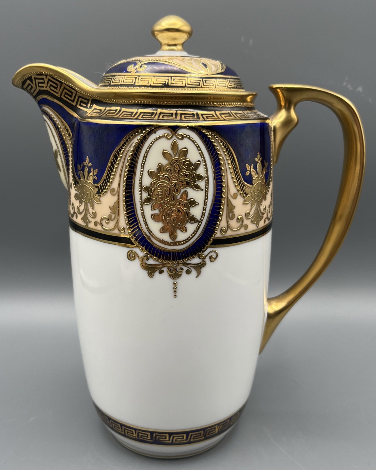 Rare Noritake Cobalt & Gold Ornate Neoclassical Coffee Pot Greek Key Porcelain