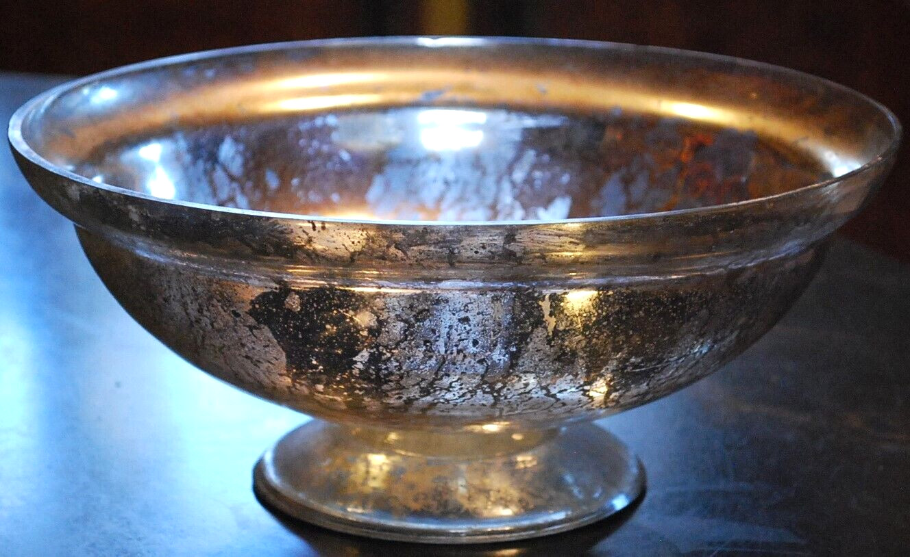 Antique Victorian SILVERED MERCURY GLASS BOWL Pedestal Base HAND BLOWN 9.25″