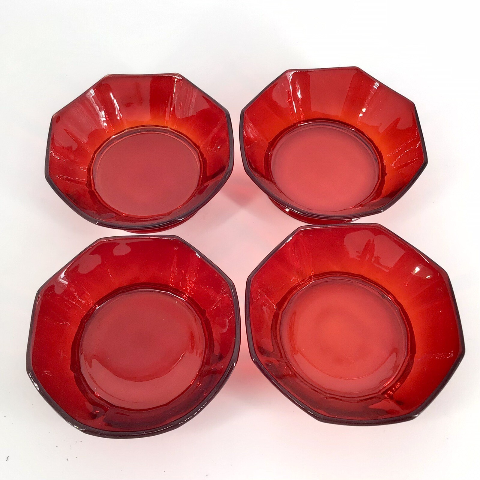 Amberina Hexagon 4 Dessert Bowls Red Glass Berry Sherbet Dishes Vintage 002