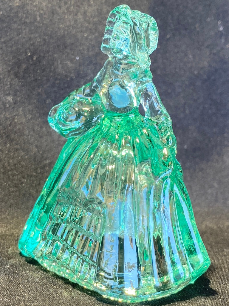 Green Vaseline uranium glass girl doll candy container woman Elizabeth Blue glow