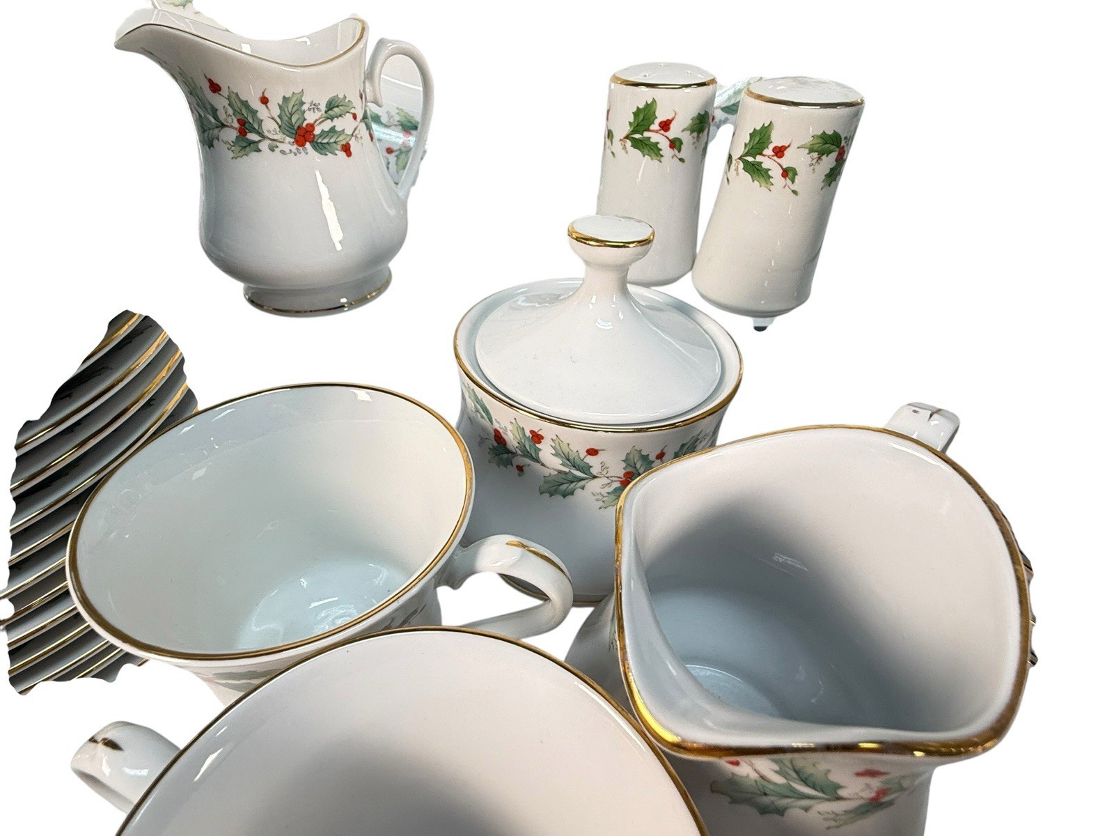 82pc China Pearl NOEL Christmas Dinnerware Set Service for 16 Muted Black Stamp