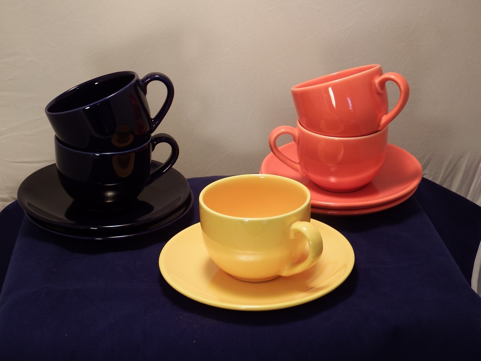 VISTA ALEGRE KERATABLE COBALT BLUE YELLOW ORANGE (5) CUPS & SAUCERS EXCELLENT