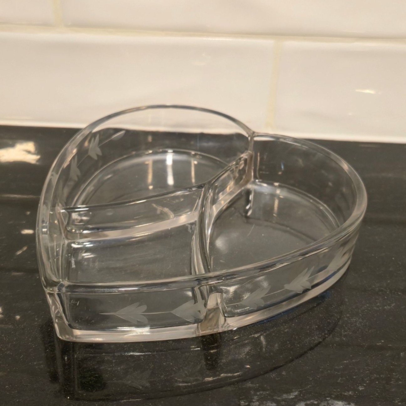 Vintage etched crystal Heart shaped Candy dish relish divided Valentines day