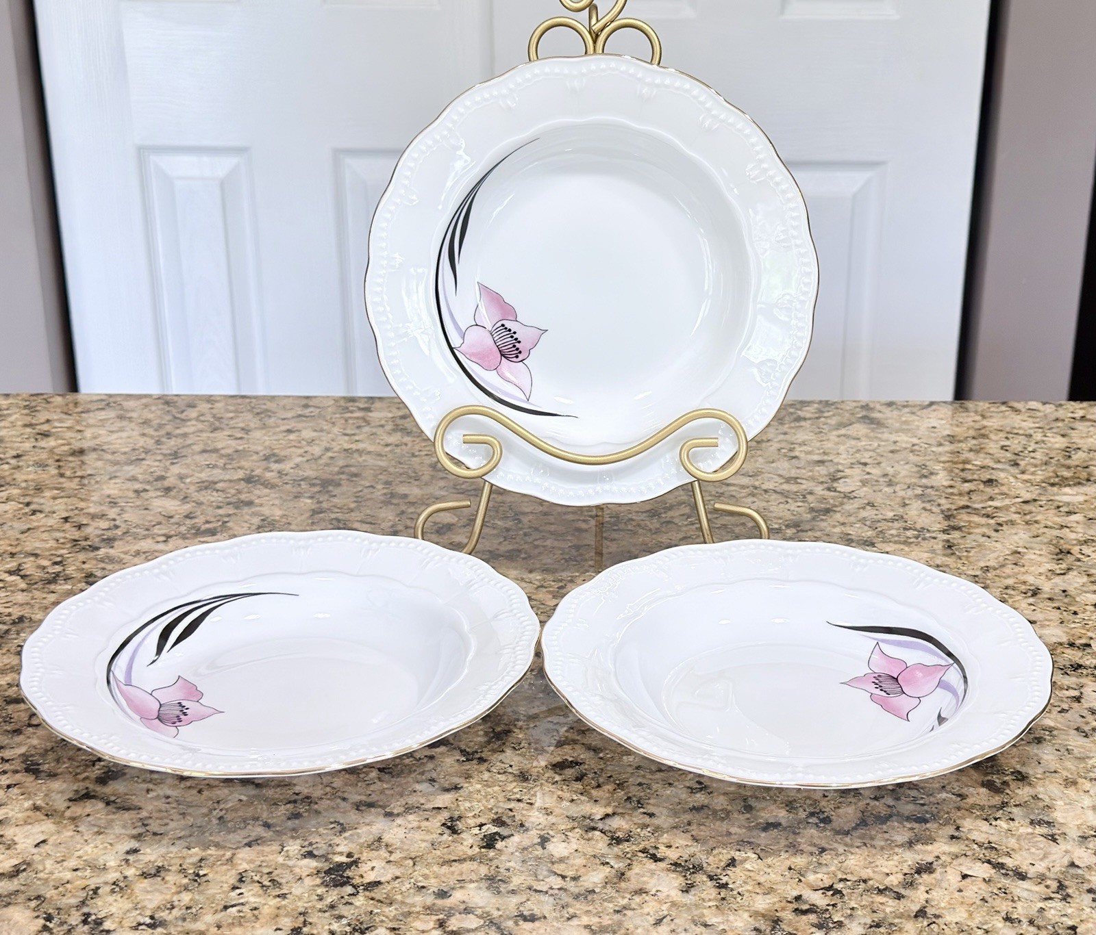 Vintage Danish Design Atelier Pink Floral Gold Trim Rim Soup Bowls Set of 3-9”