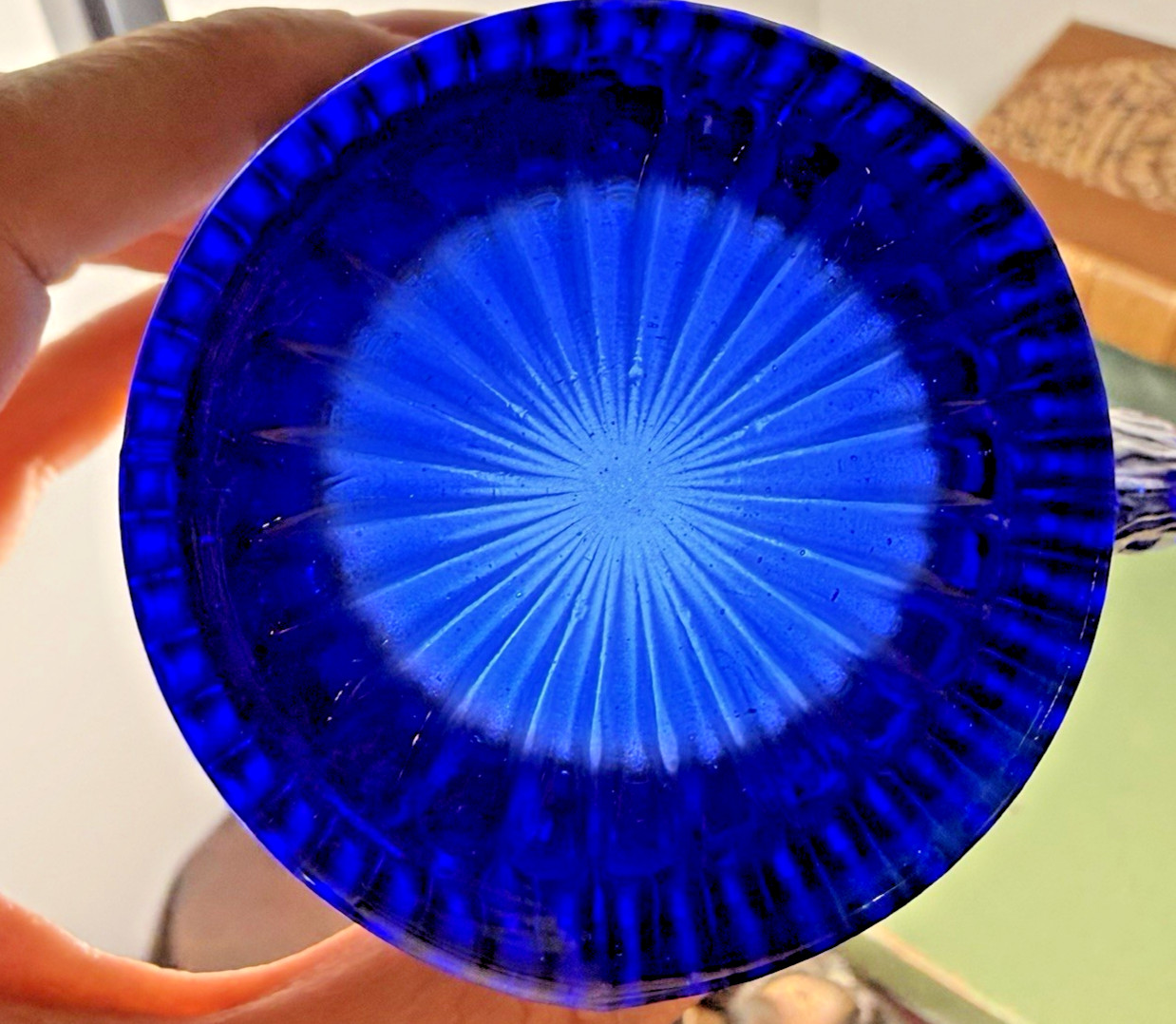 Antique Dugan Beaded Shell Cobalt Blue Carnival Glass Mug Peacock Iridescent