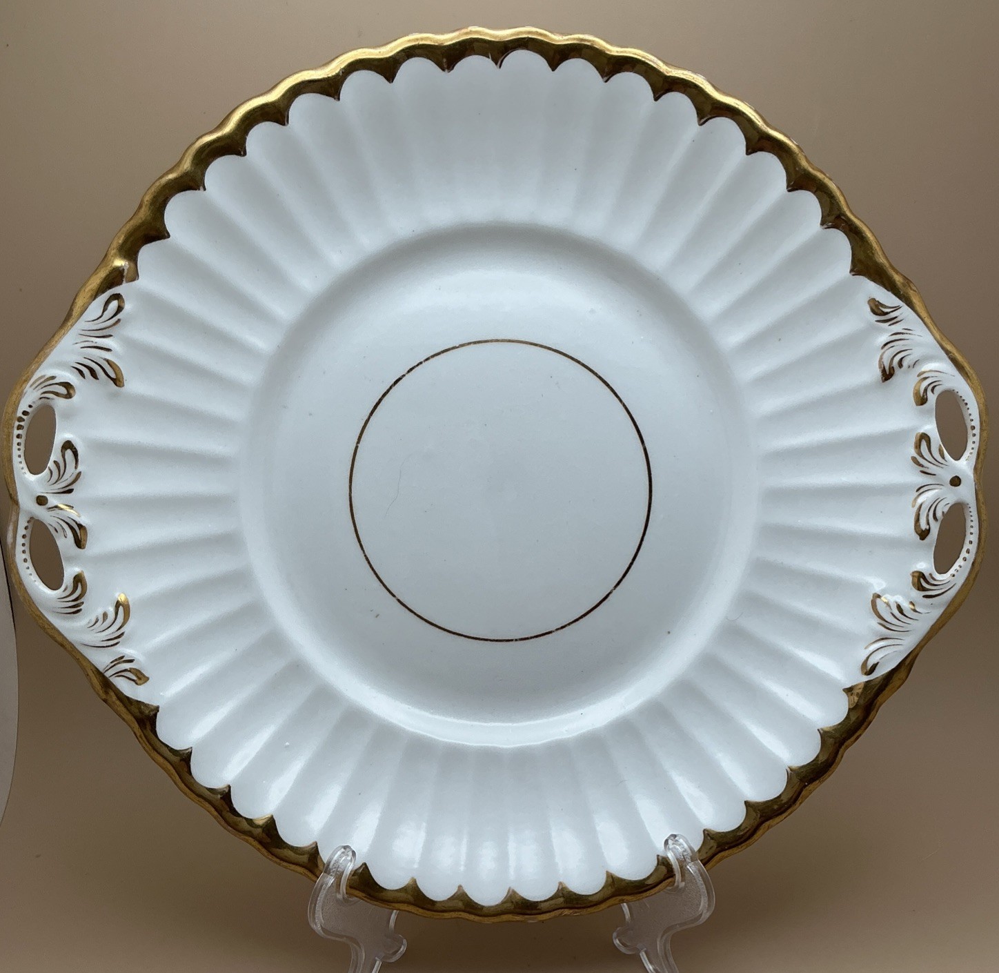 Elite Limoges France Ribbed Dessert Plate Handled Gold Rim Platter 10″-No Stamp
