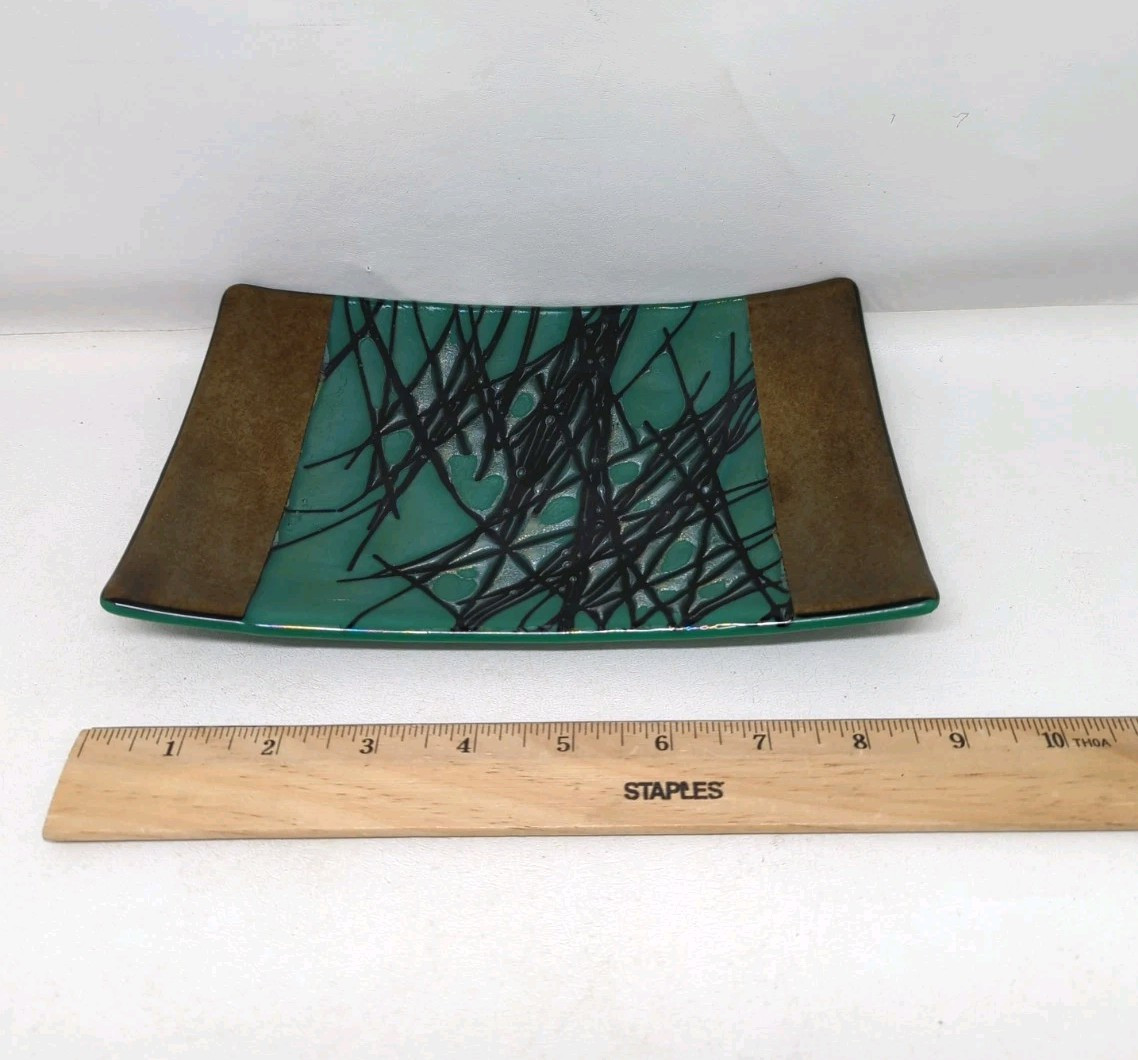 Kurt McVay Signed Fused Art Glass Iridescent Tray Green Black Bronze 9×6 Sushi