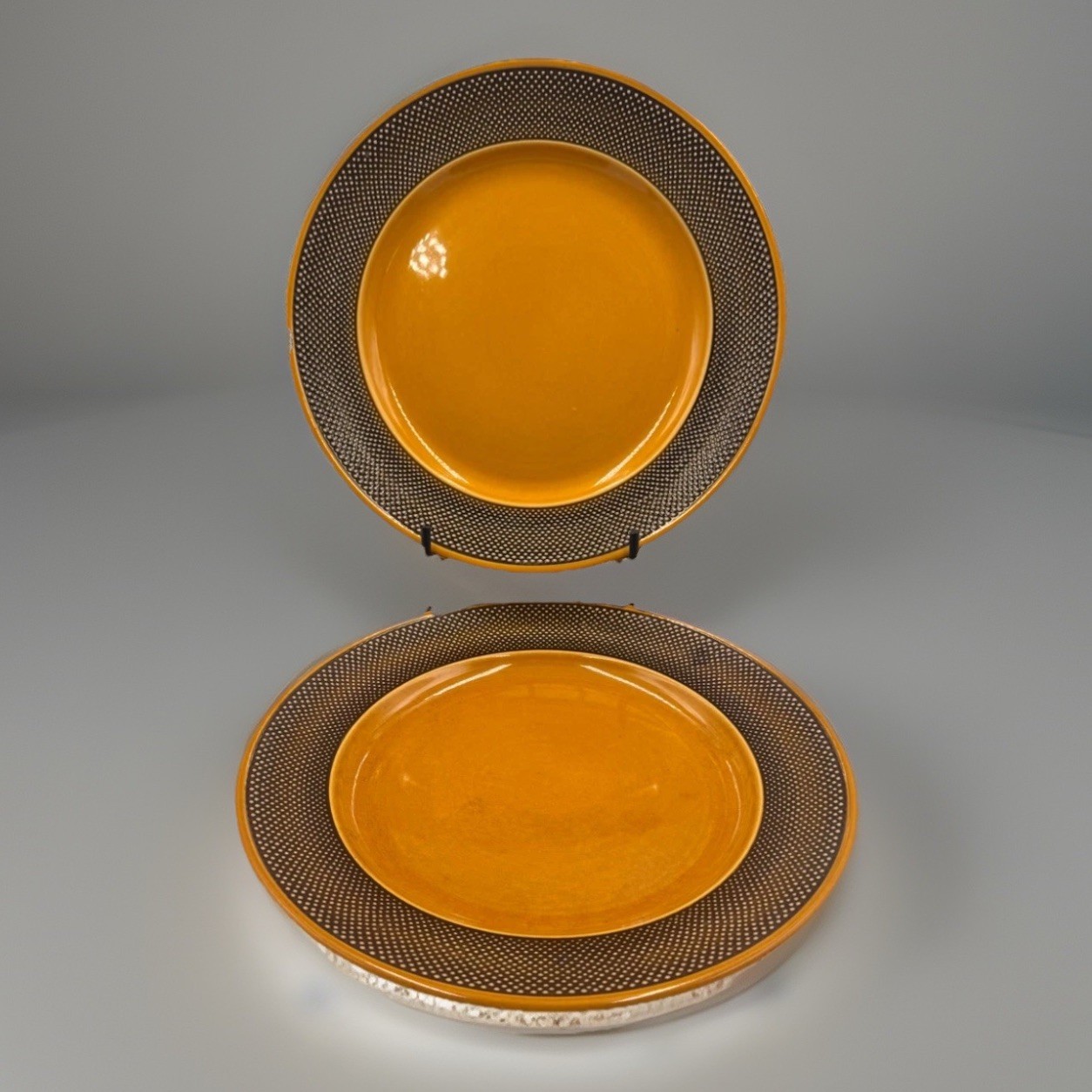 2 VTG MCM Harmony House Aurora Ironstone 10” Dinner Plates Yellow W/Textured Rim