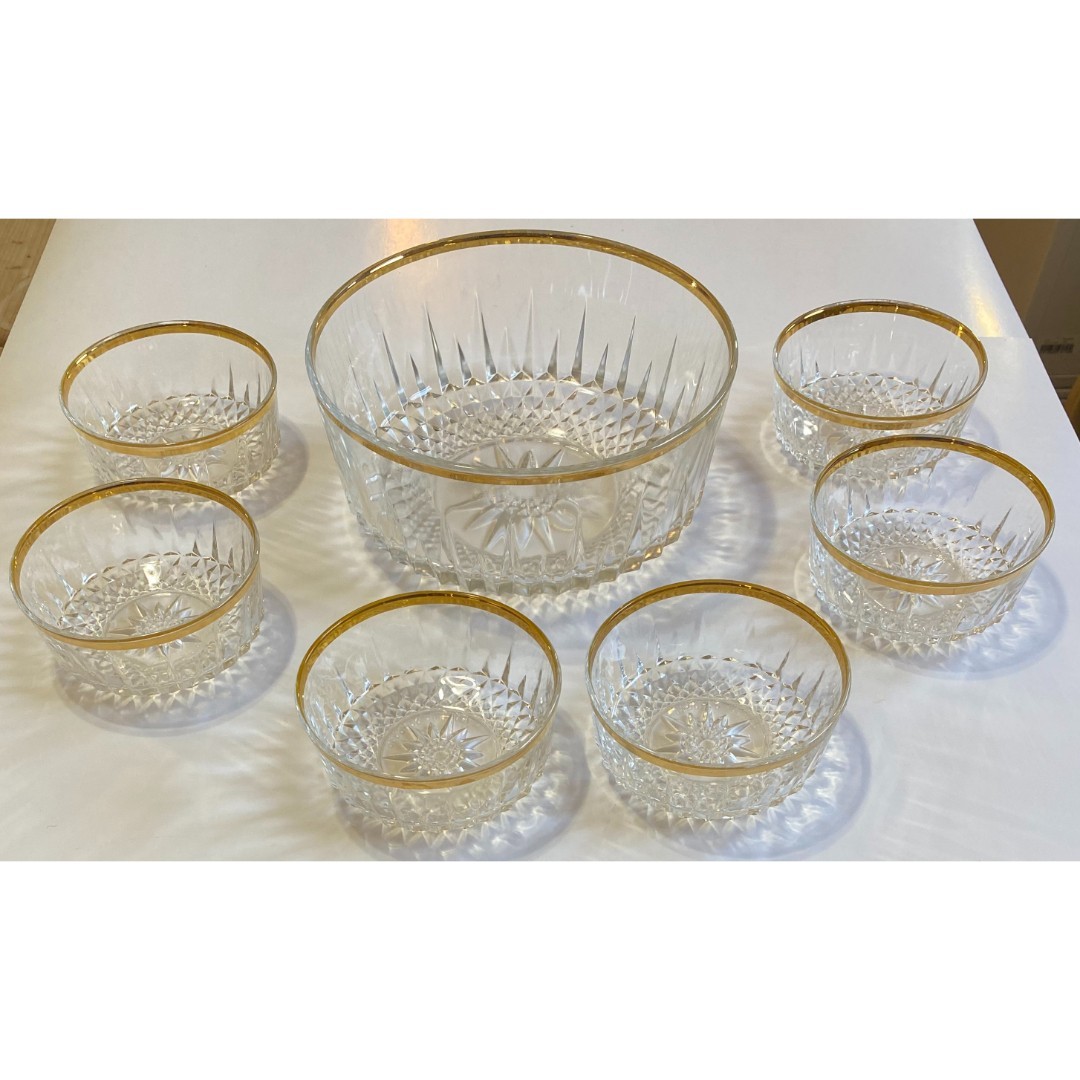 Vintage Arcoroc Large Crystal Starburst Serving Bowl + 6 Salad Bowls Gold Rim