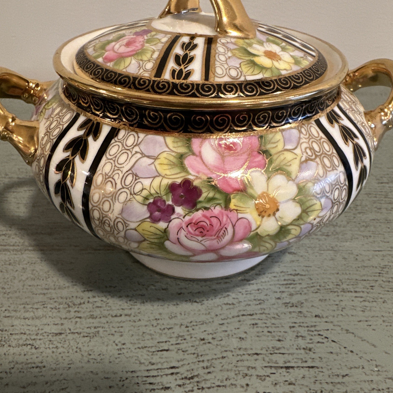 Antique Japan NIPPON Hand Painted Gold Creamer and Sugar Bowl W/ Lid