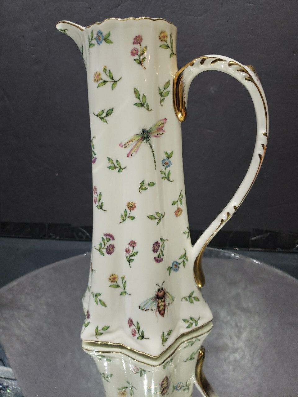 10-1/4″ Beverage Pitcher “Morning Meadows” BURTON & BURTON Butterfly flower bee