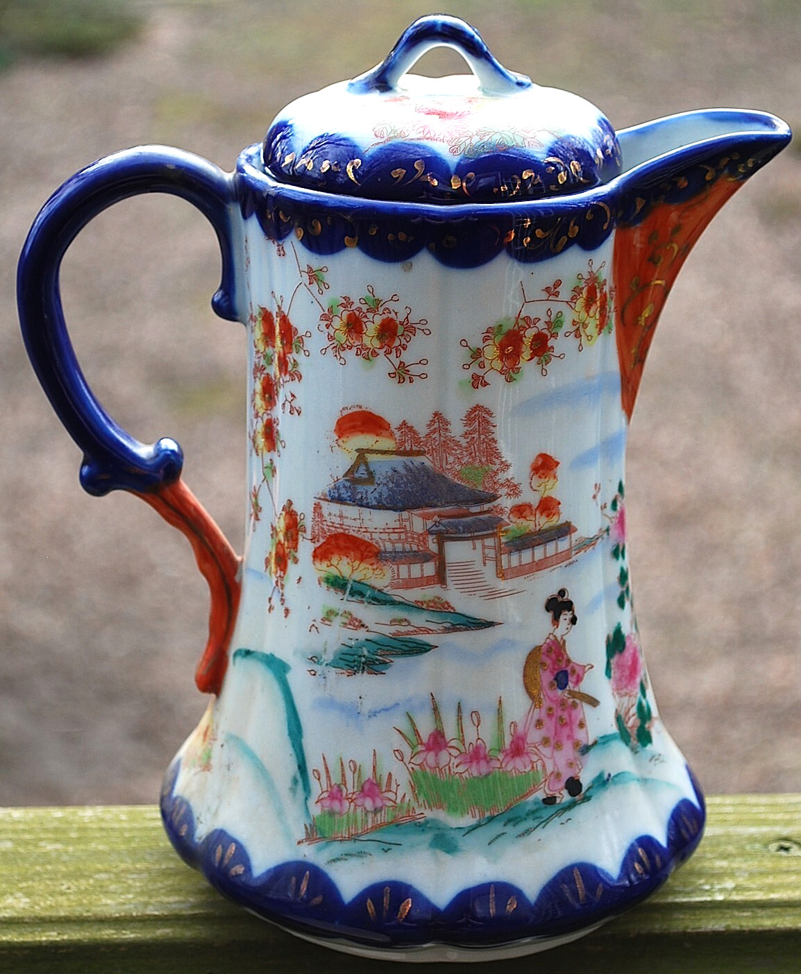 Antique Hand Painted Porcelain JAPANESE GEISHA SCENE Chocolate Pot w/ Lid COBALT