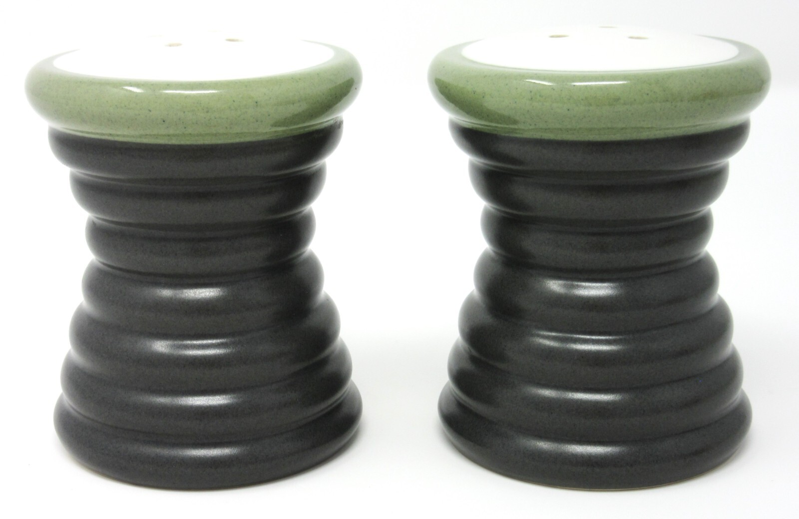 Pfaltzgraff Sphere Salt & Pepper Shaker Set charcoal grey w/ olive green & white