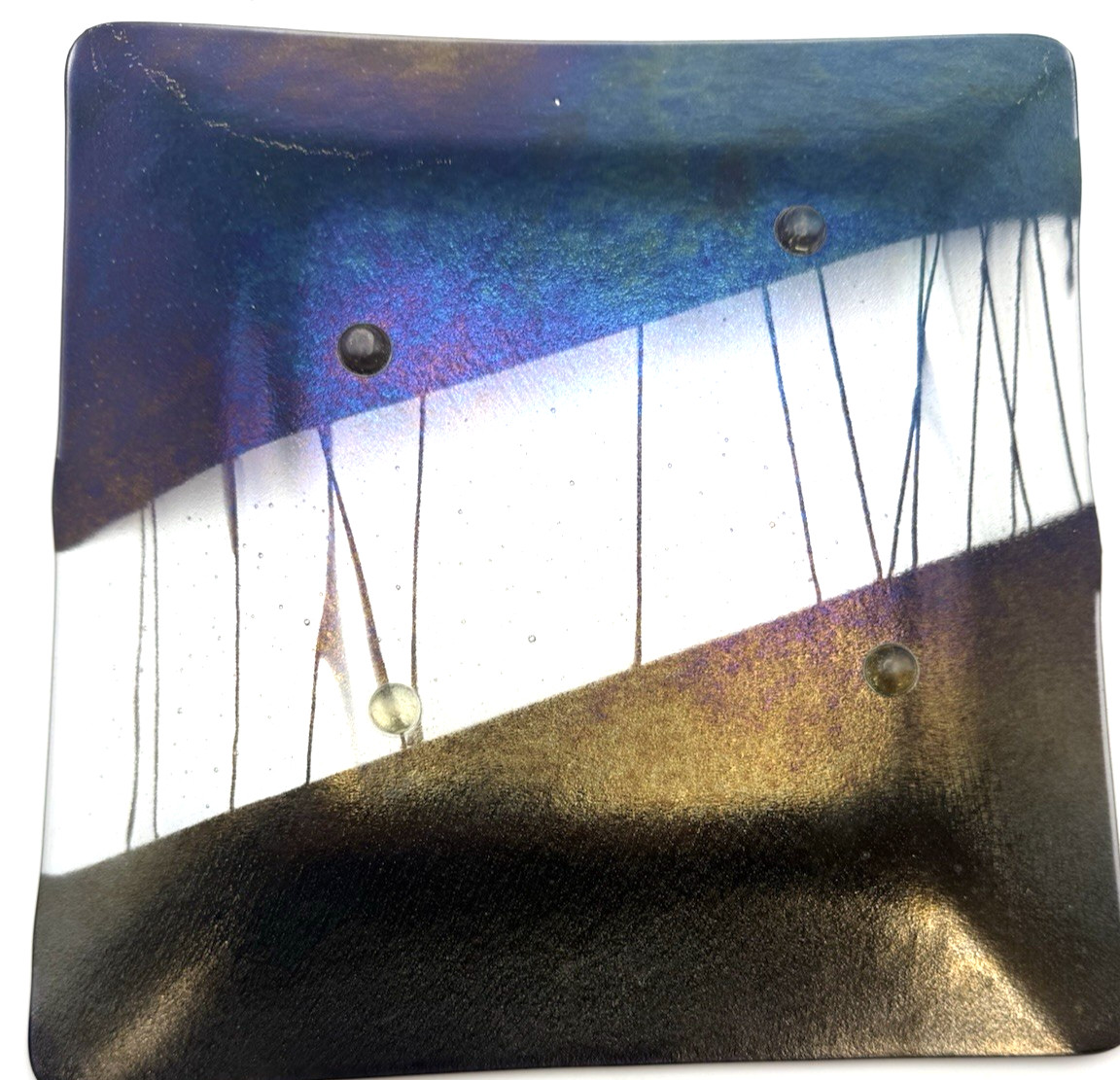 Chris Paulson Art Glass Square Tray Plate Signed Dichroic Fused Iridescent 9.25″