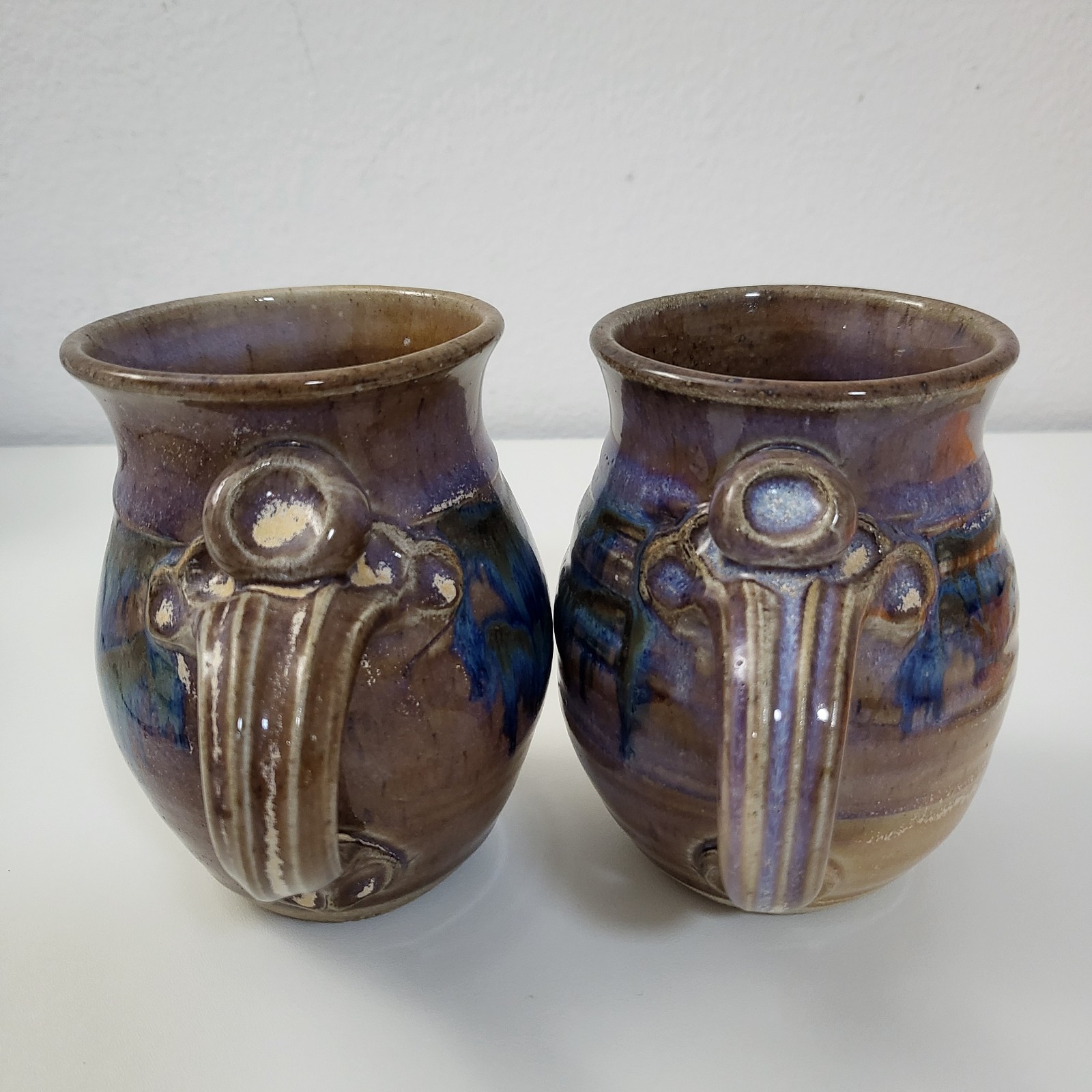 Set Of 2 Handcrafted Drip Glaze Studio Art Pottery Coffee Mugs Brown Blue Signed