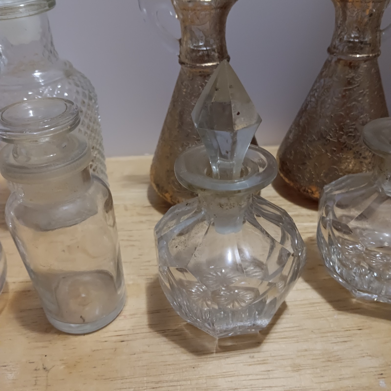 Lot of 9 Vintage Antique Glass Cruets & Decanters with Stoppers Mixed Patterns