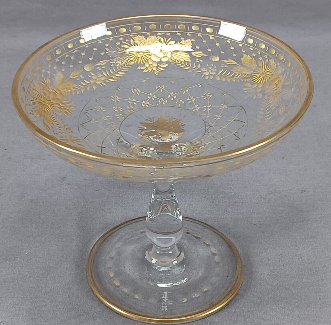 Josephinenhutte Bohemian Intaglio Engraved & Gold Floral 4 3/4 ” Compote / Tazza