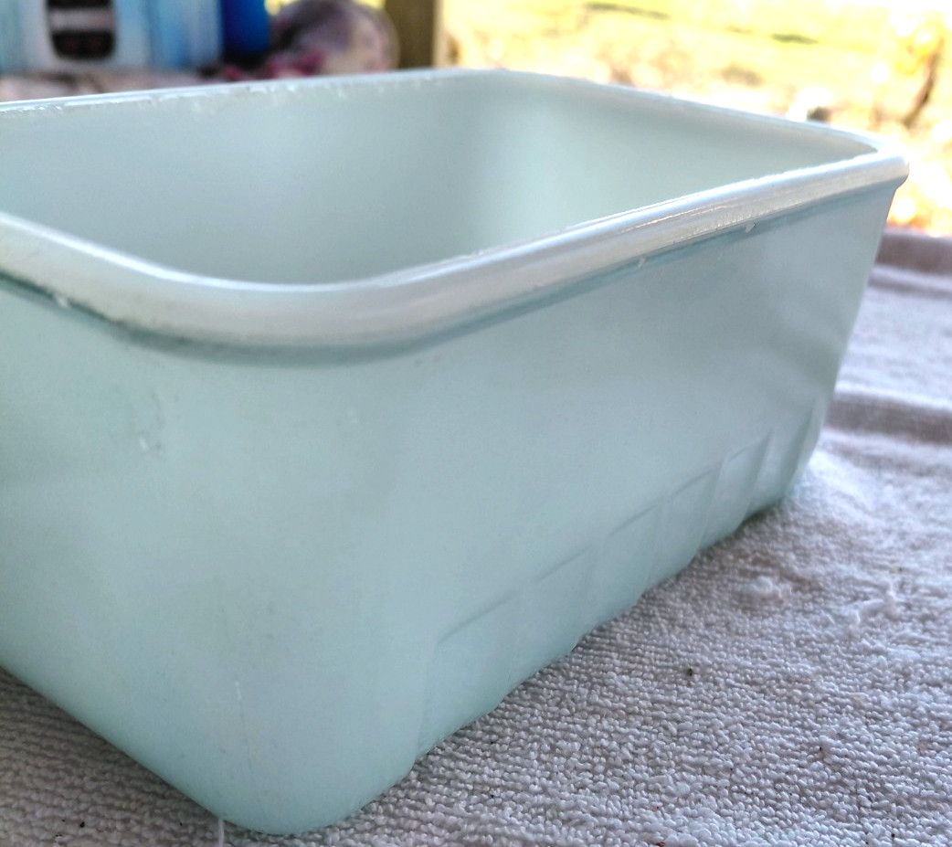vintage turquoise glasbake refrigerator dish 6”