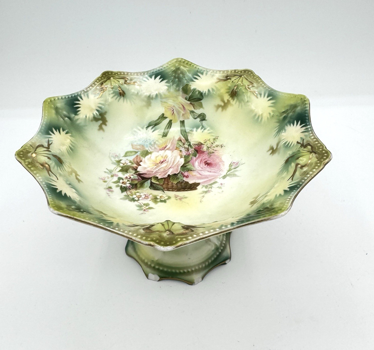 RS Prussia Pedestal Bowl Roses Green Pink Basket Gold Antique Porcelain- READ