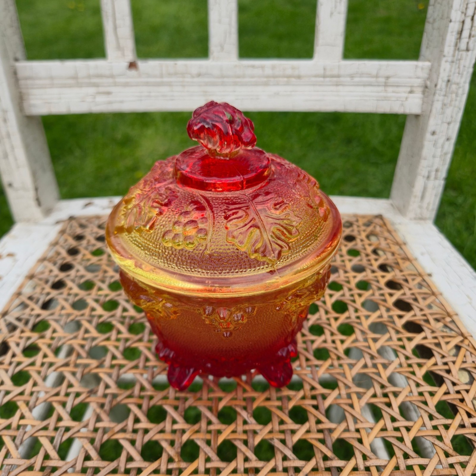 VTG Jeannette Harvest Grapes Amber Red Carnival Glass Footed Covered Candy Dish