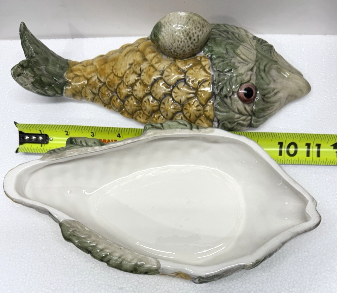 Vintage 1993 Hand Painted Ceramic Fish Tureen Serving Dish Butter Bowl Taiwan