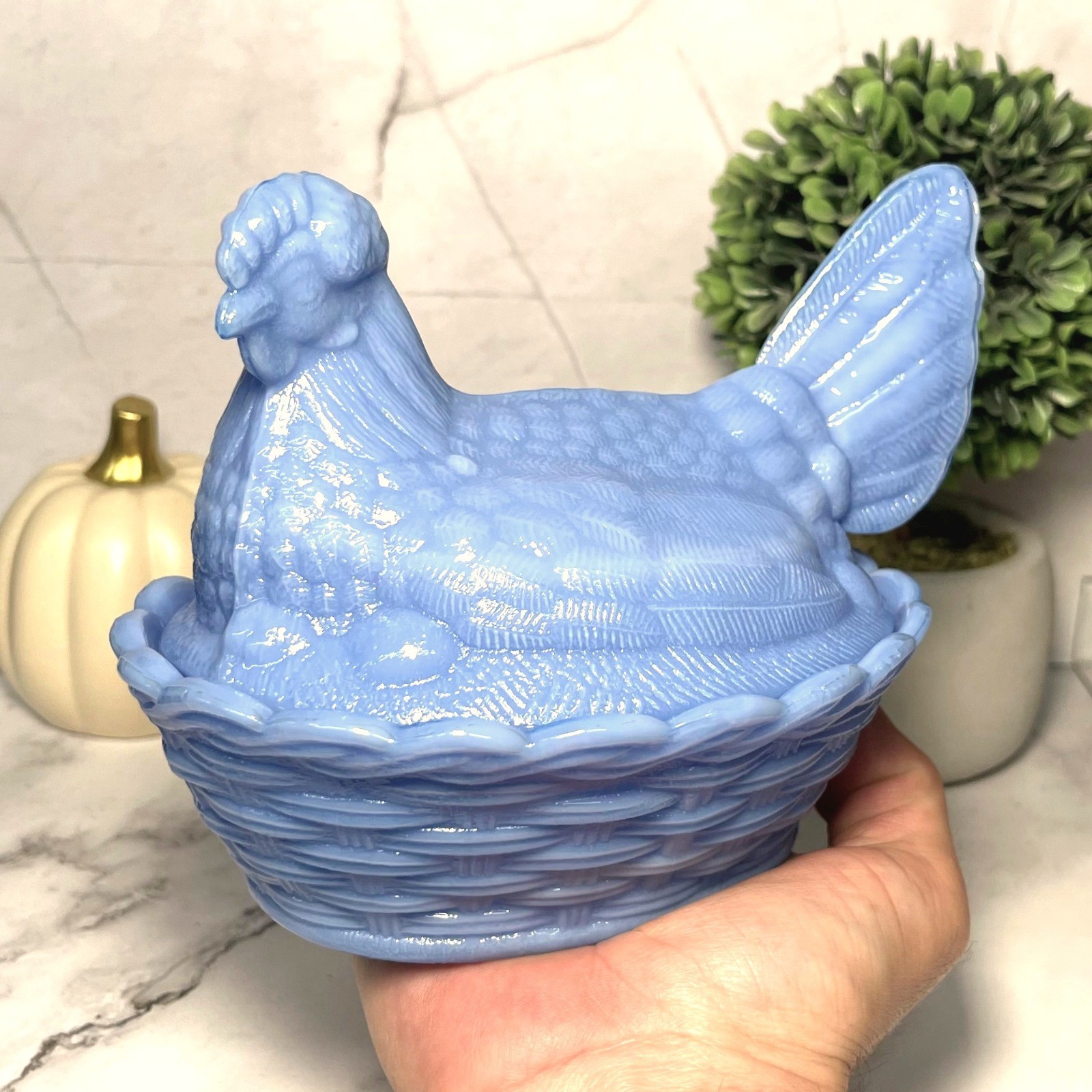 Hen on Nest Chicken Periwinkle Blue Depression Style Glass Candy Dish, VTG Style