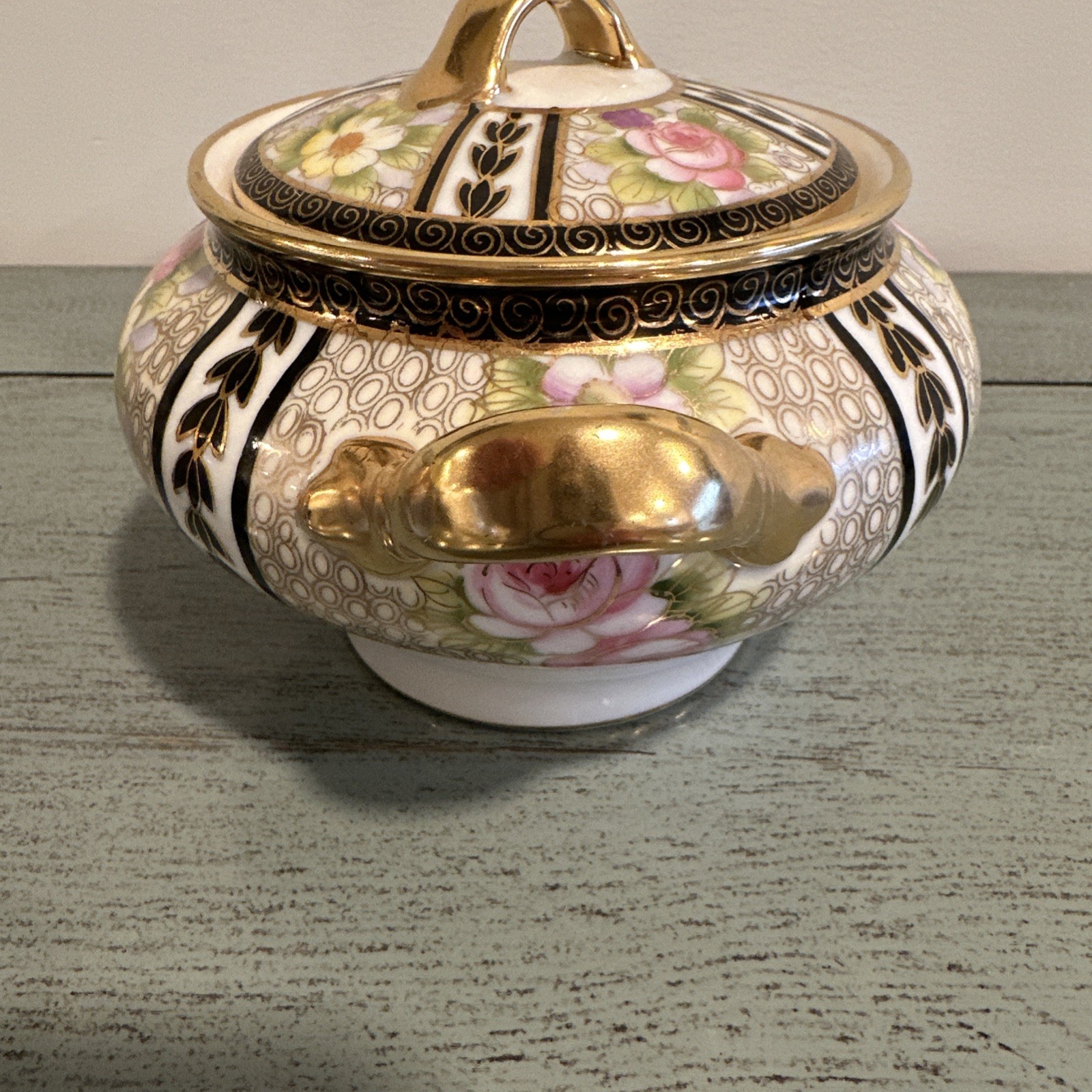Antique Japan NIPPON Hand Painted Gold Creamer and Sugar Bowl W/ Lid