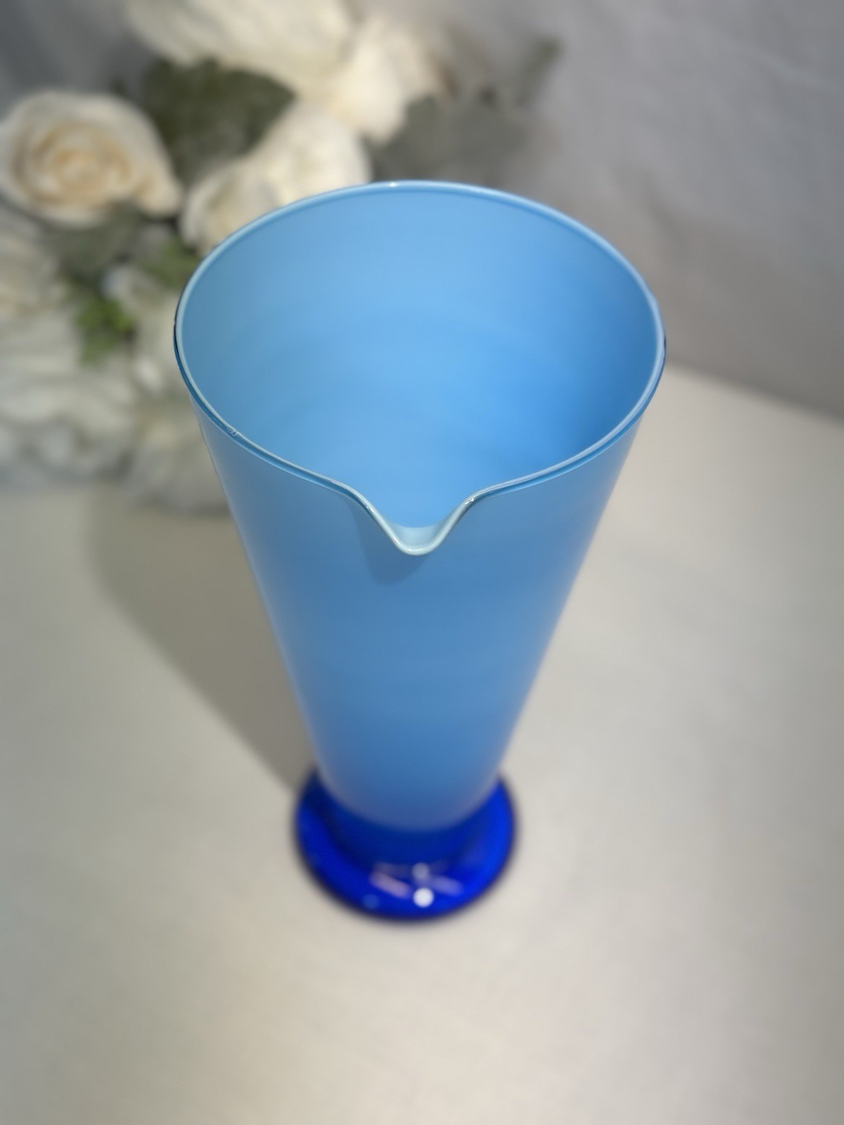 Vintage Gorgeous Italian Pitcher Blown Art Glass Ombré Blue Clear Handle 9.25”