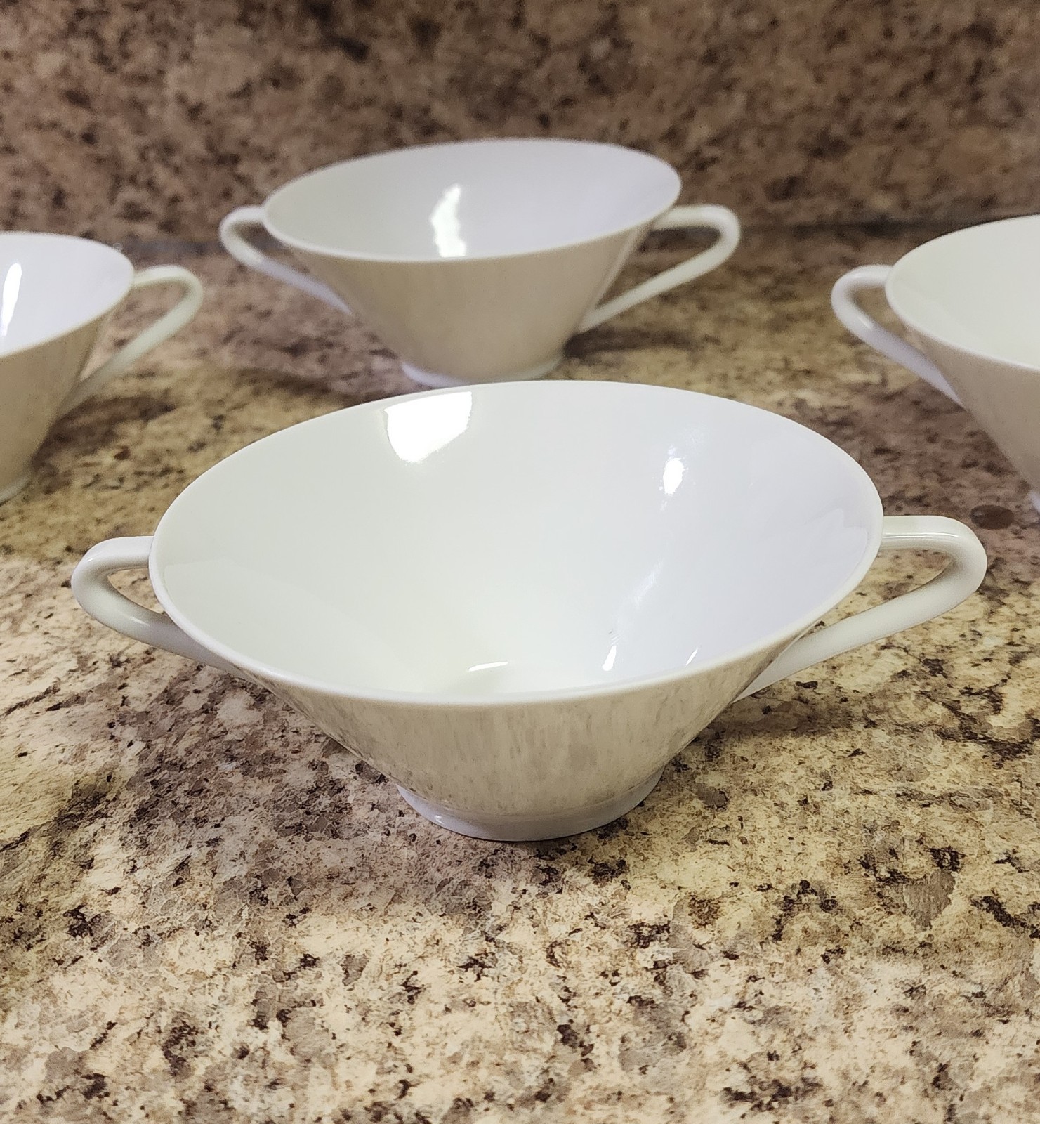 Set of 5 White Ceramic Round Two-Handled Soup Bowls, Glossy Solid, 5 in