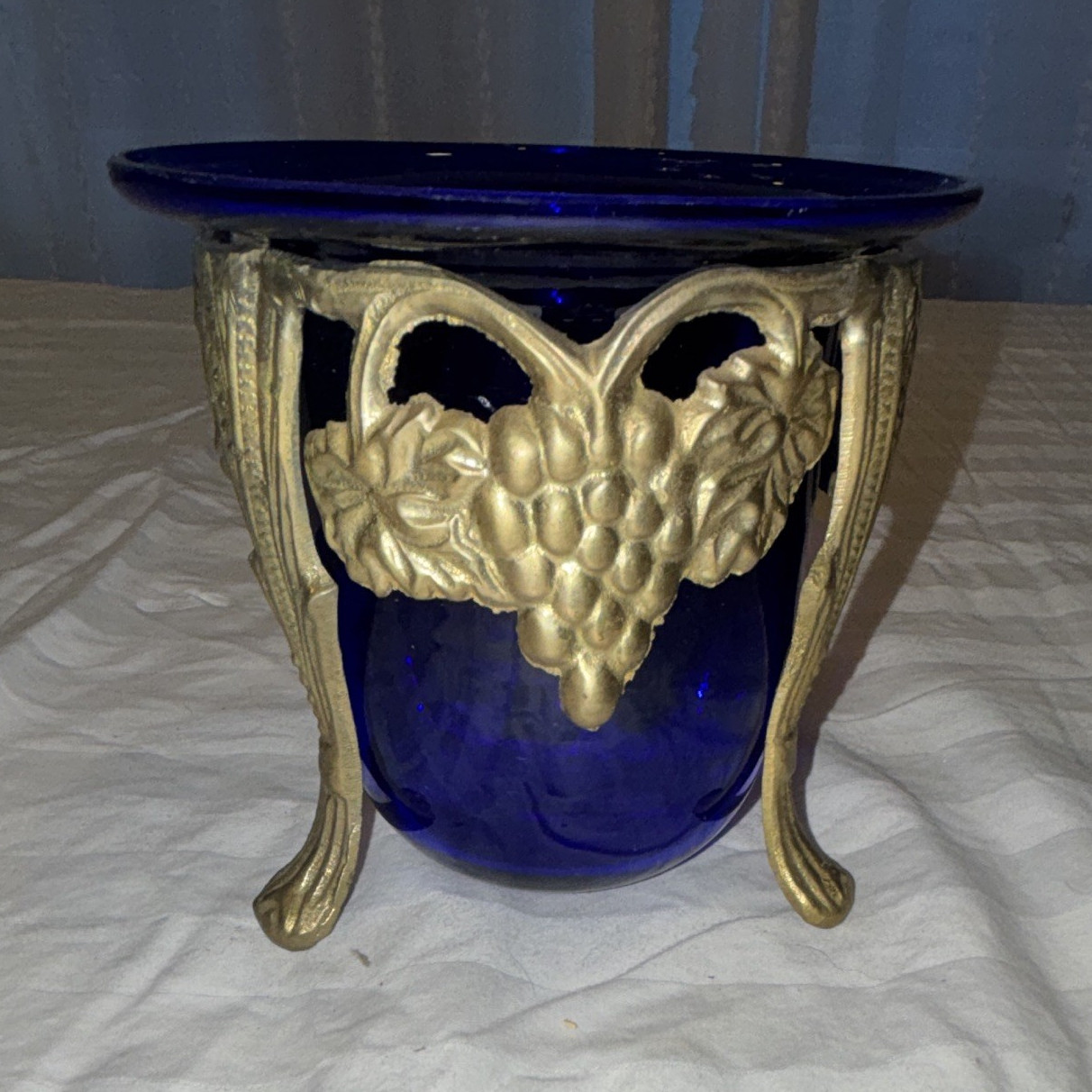 Cobalt Blue Glass Bowl Insert w/ Gold-Tone Metal Grape Stand Holder 6in
